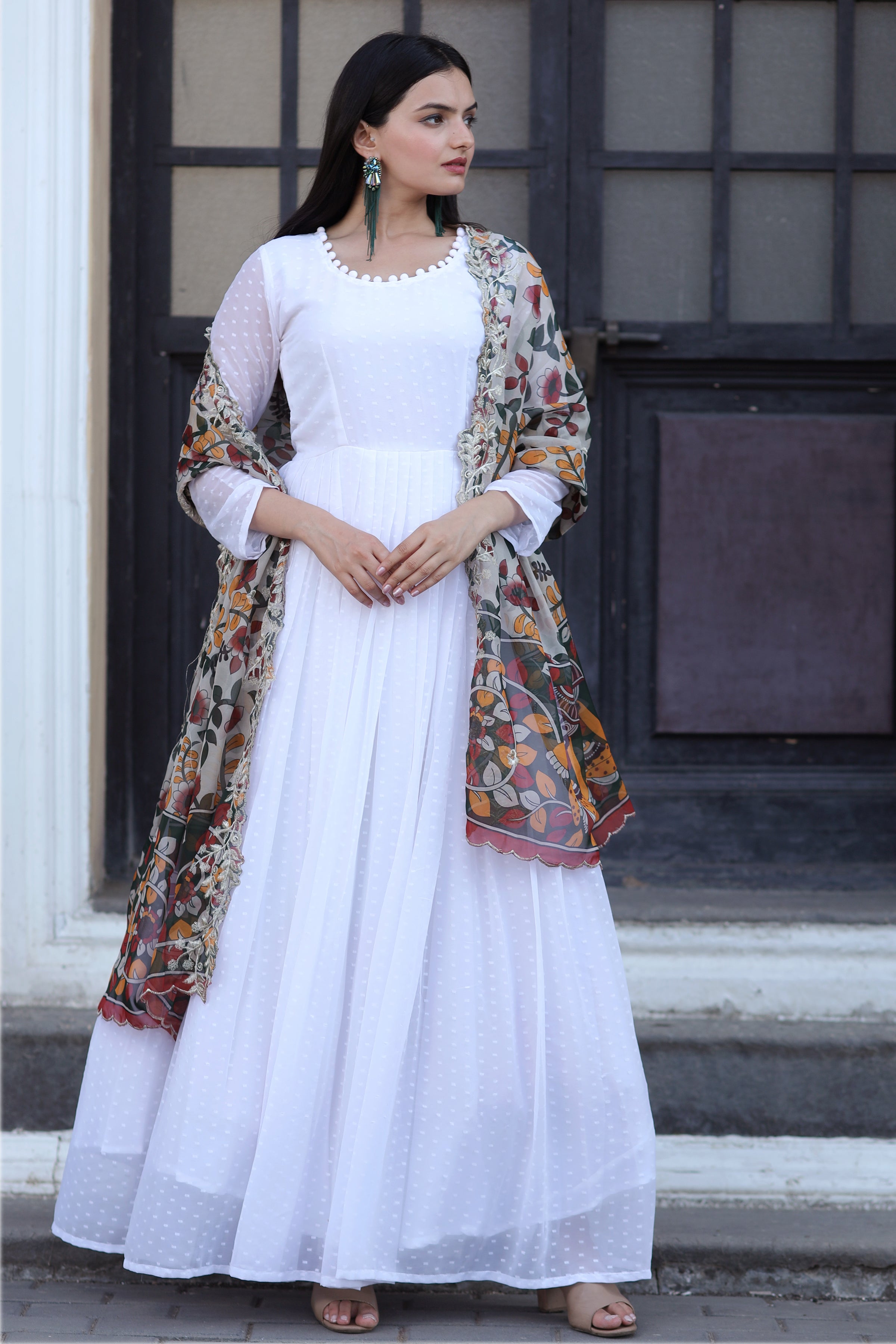 White Gown with Soft Organza Kalamkari & Leheriya Printed Dupatta – Elegant Traditional Party Wear