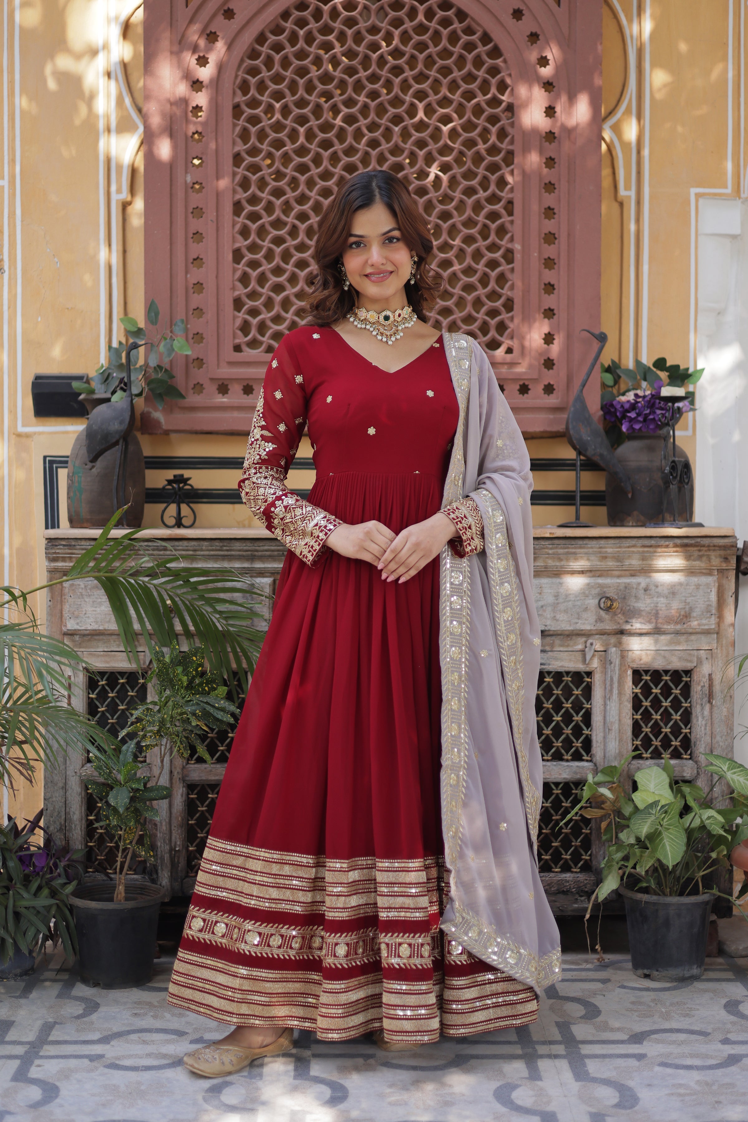 Women’s Red Georgette Gown – Elegant Designer Party Wear