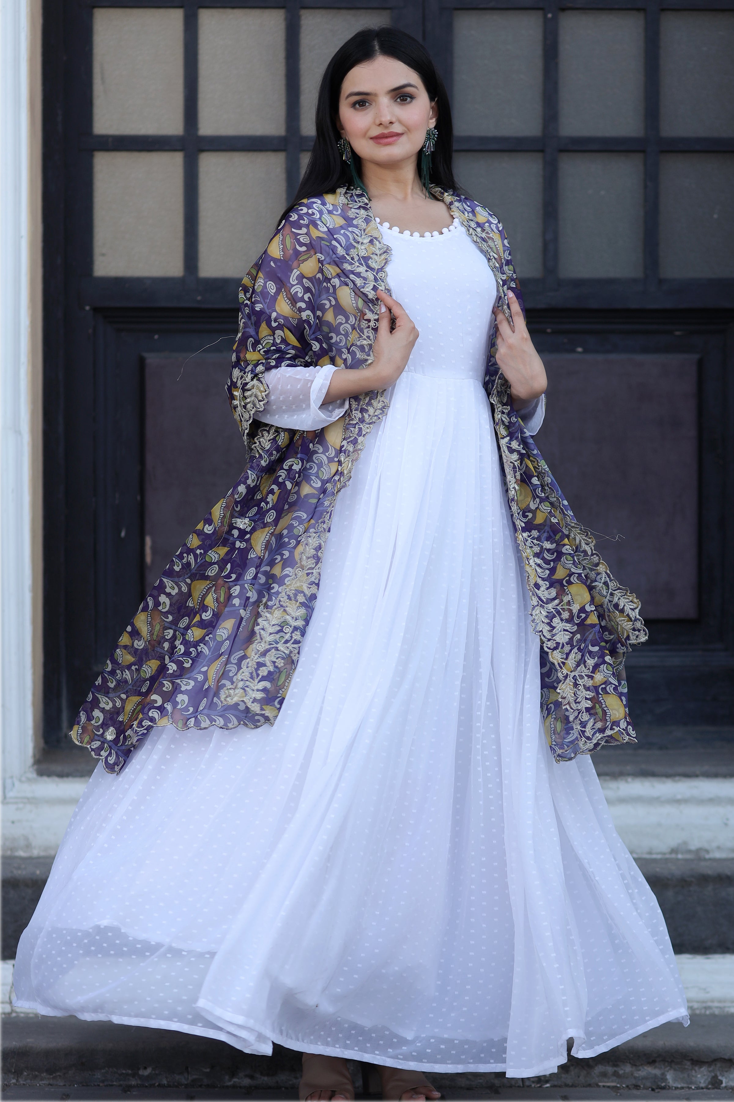 Purple Gown with Soft Organza Kalamkari & Leheriya Printed Dupatta – Elegant Traditional Party Wear