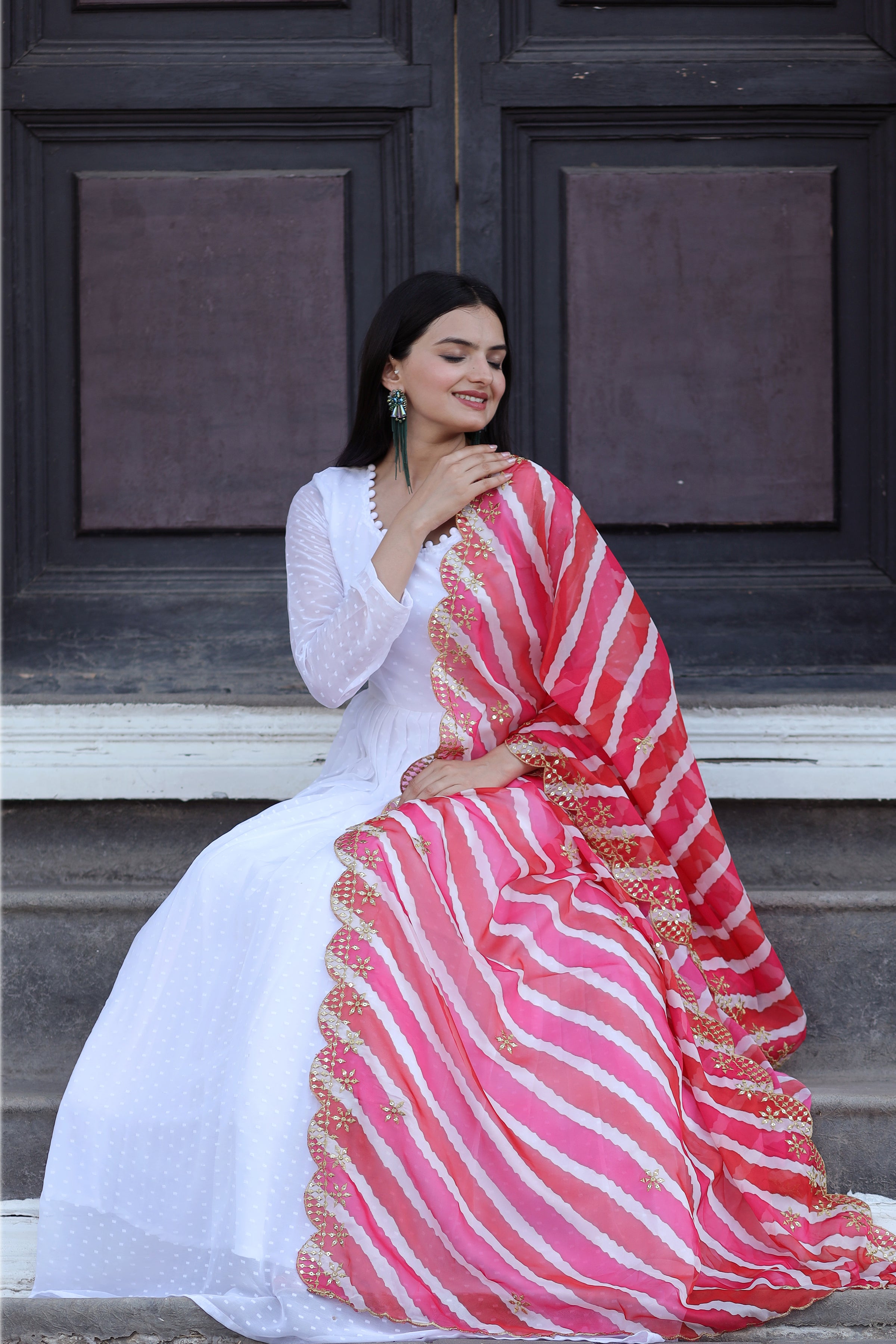 Pink Gown with Soft Organza Kalamkari & Leheriya Printed Dupatta – Elegant Traditional Party Wear