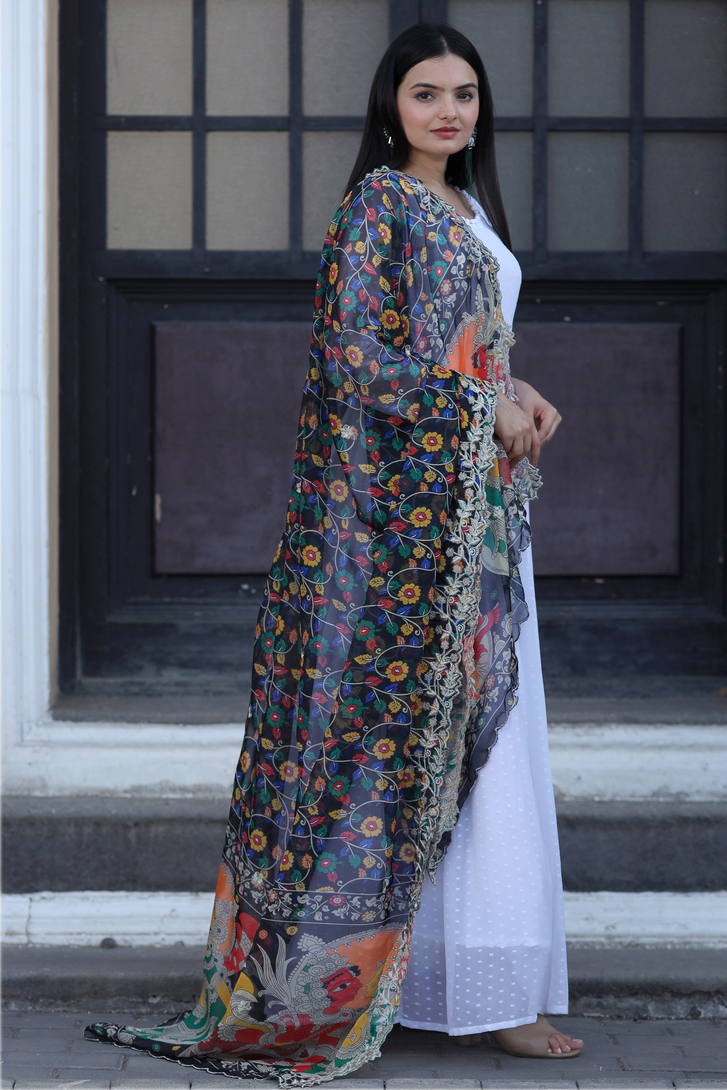 Black Gown with Soft Organza Kalamkari & Leheriya Printed Dupatta – Elegant Traditional Party Wear