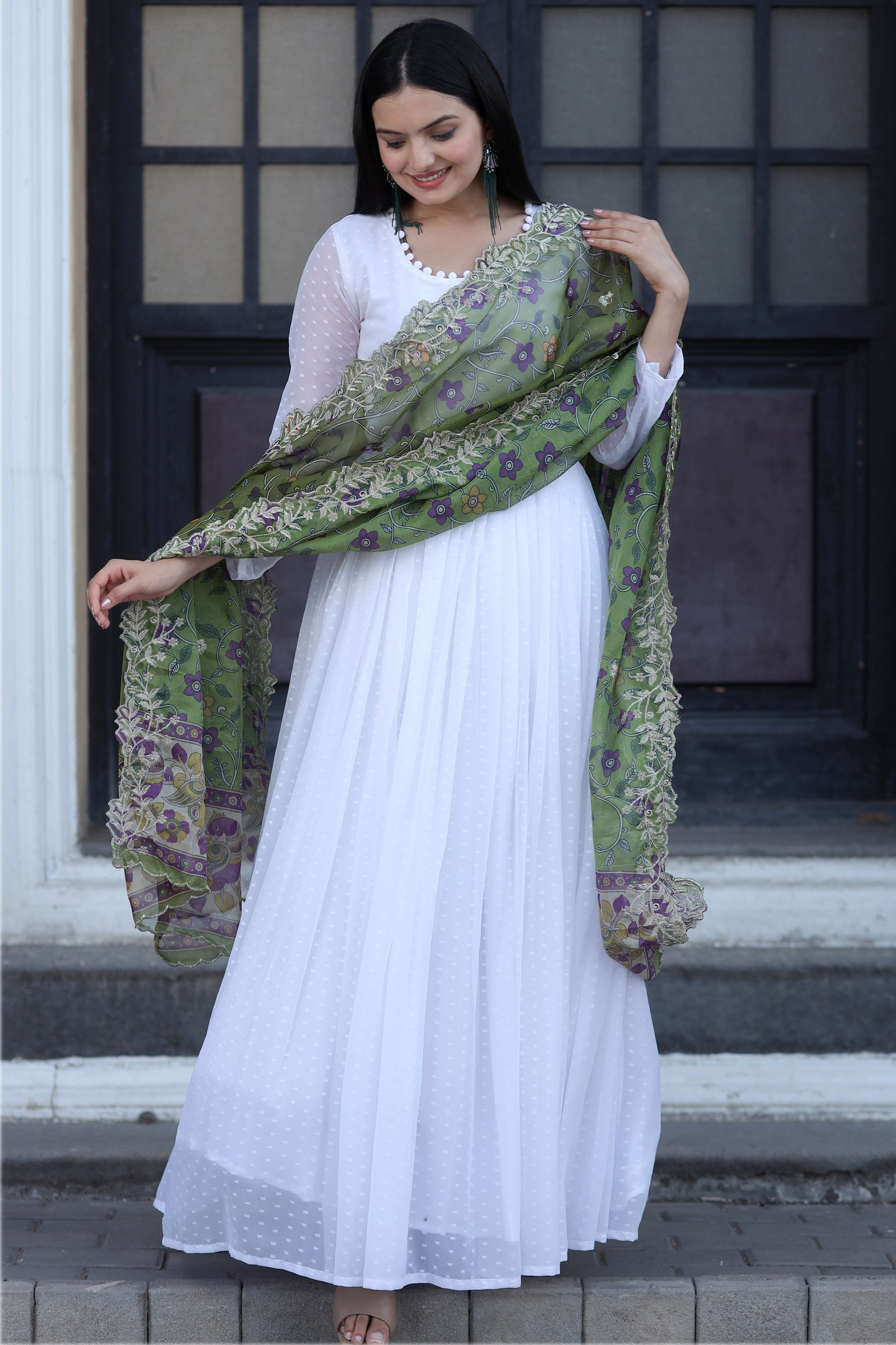Green Gown with Soft Organza Kalamkari & Leheriya Printed Dupatta – Elegant Traditional Party Wear