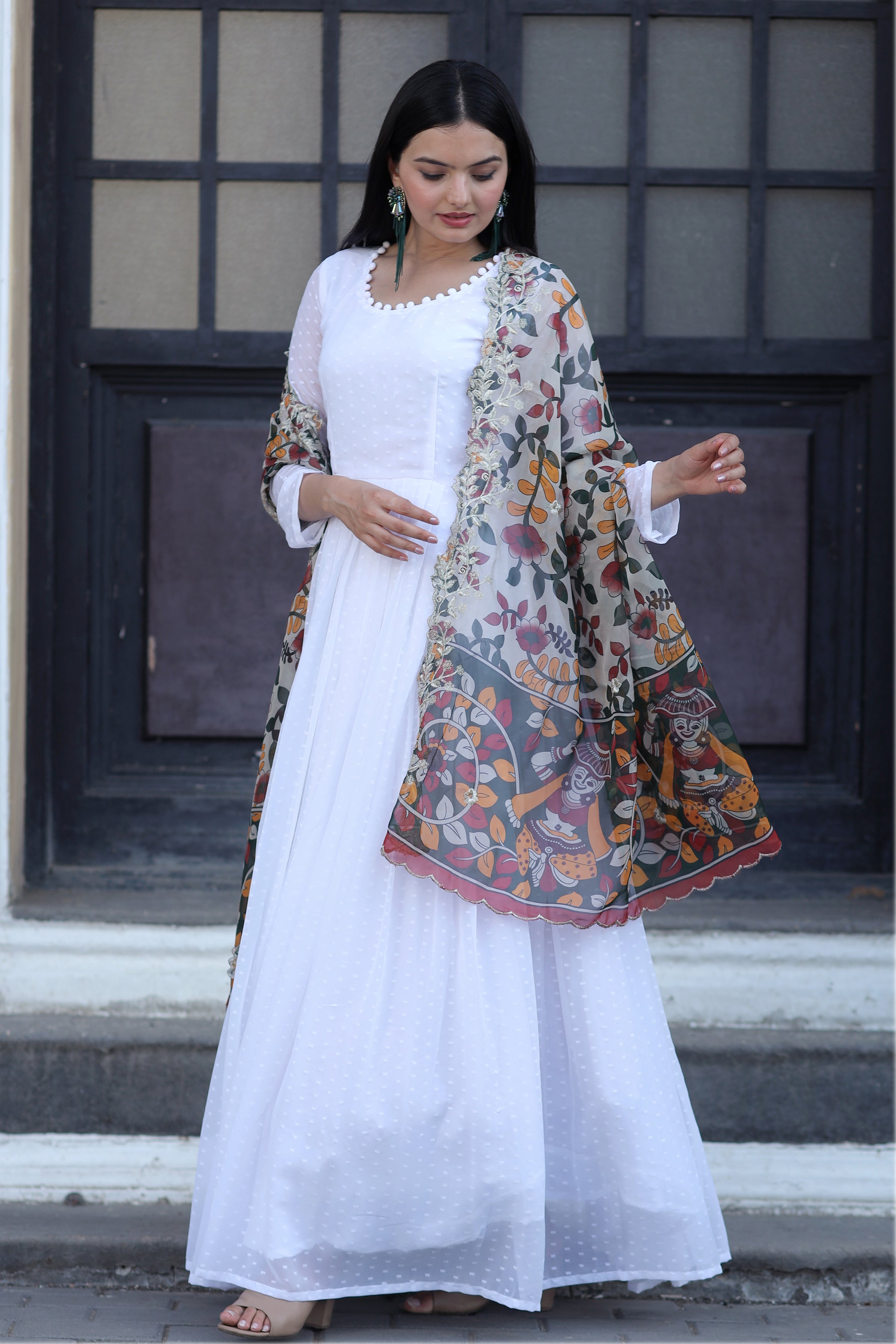 White Gown with Soft Organza Kalamkari & Leheriya Printed Dupatta – Elegant Traditional Party Wear