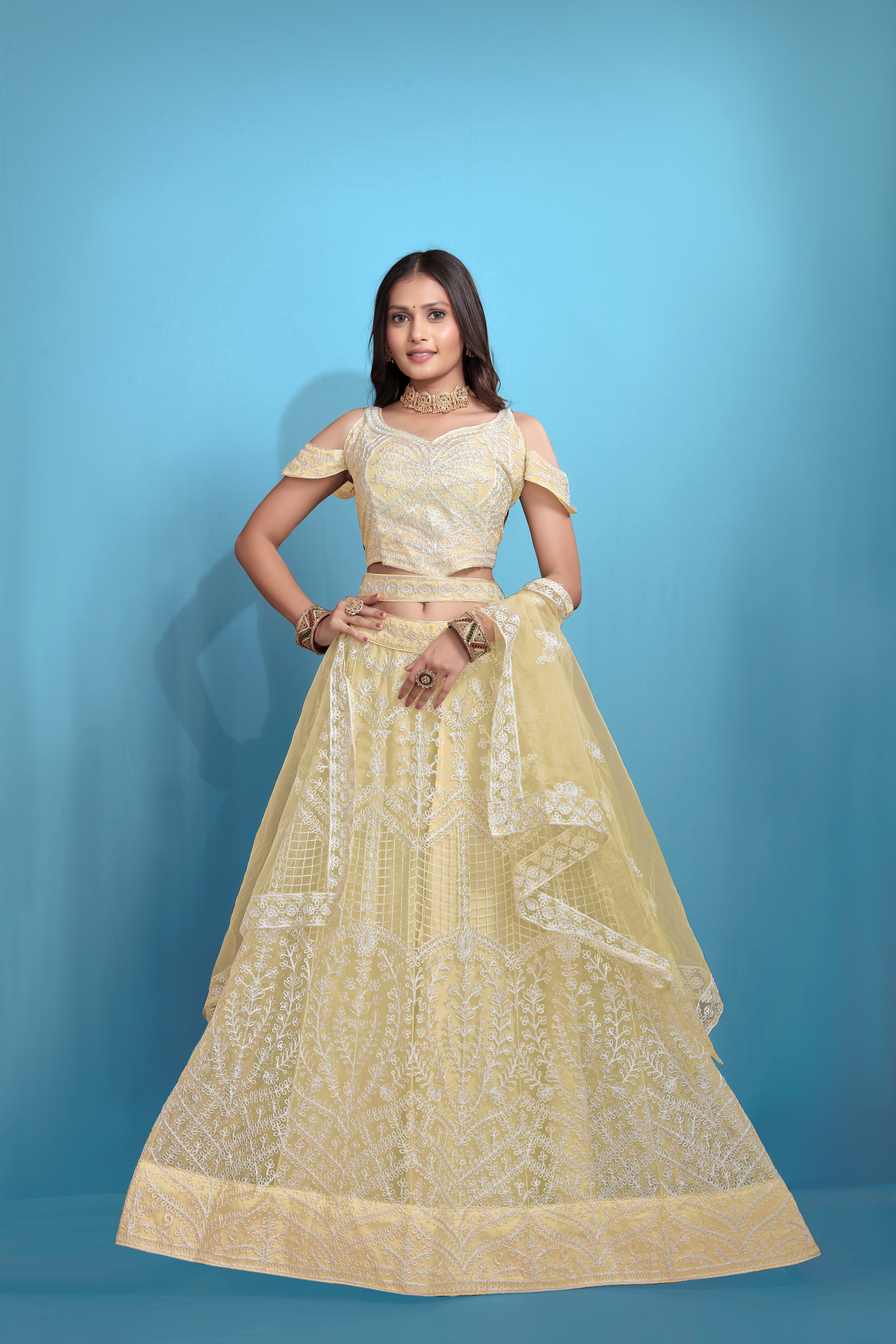 Yellow Women’s Net Embroidered Lehenga Choli Set – Elegant Ethnic Wear for Festive & Wedding Occasions