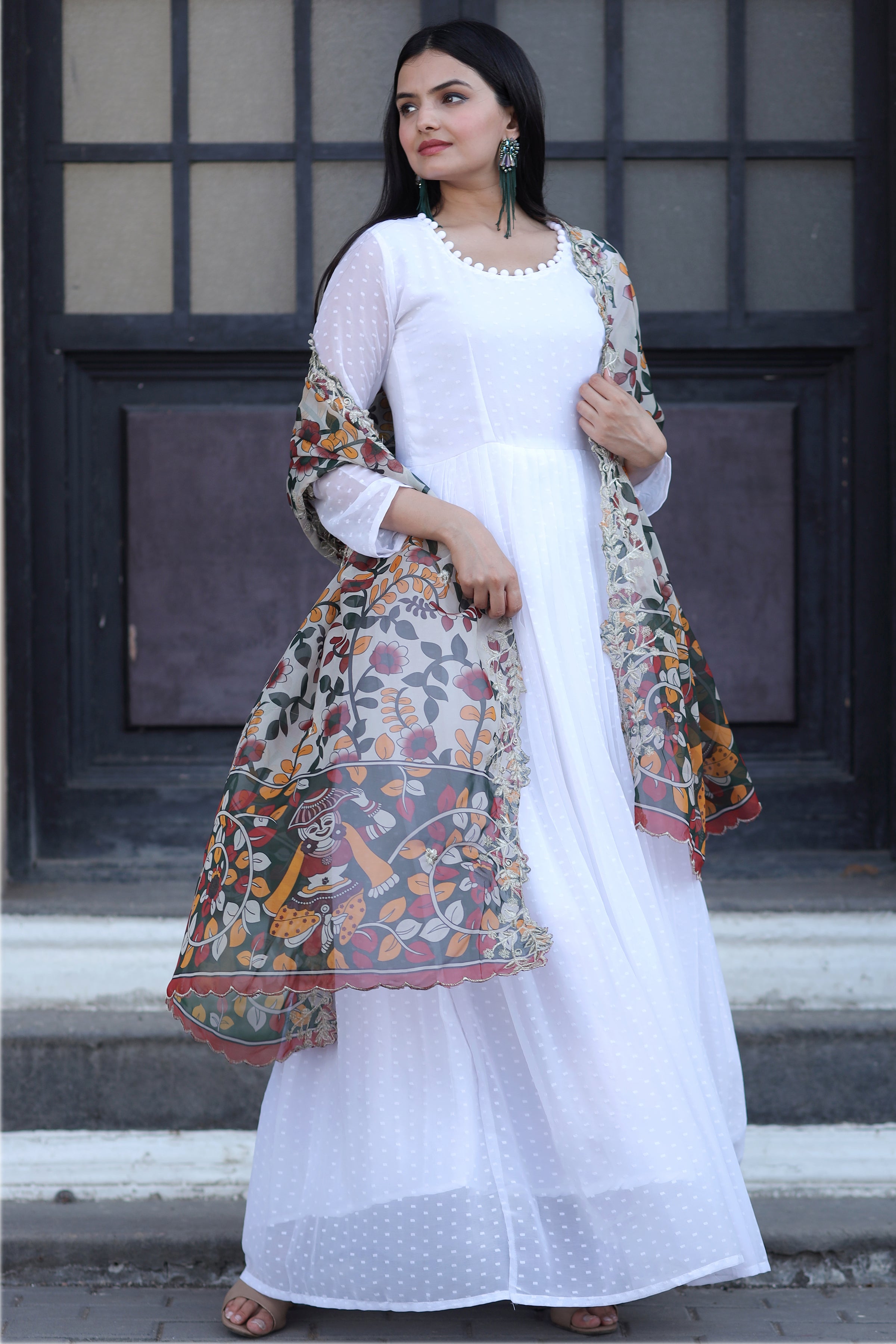 White Gown with Soft Organza Kalamkari & Leheriya Printed Dupatta – Elegant Traditional Party Wear