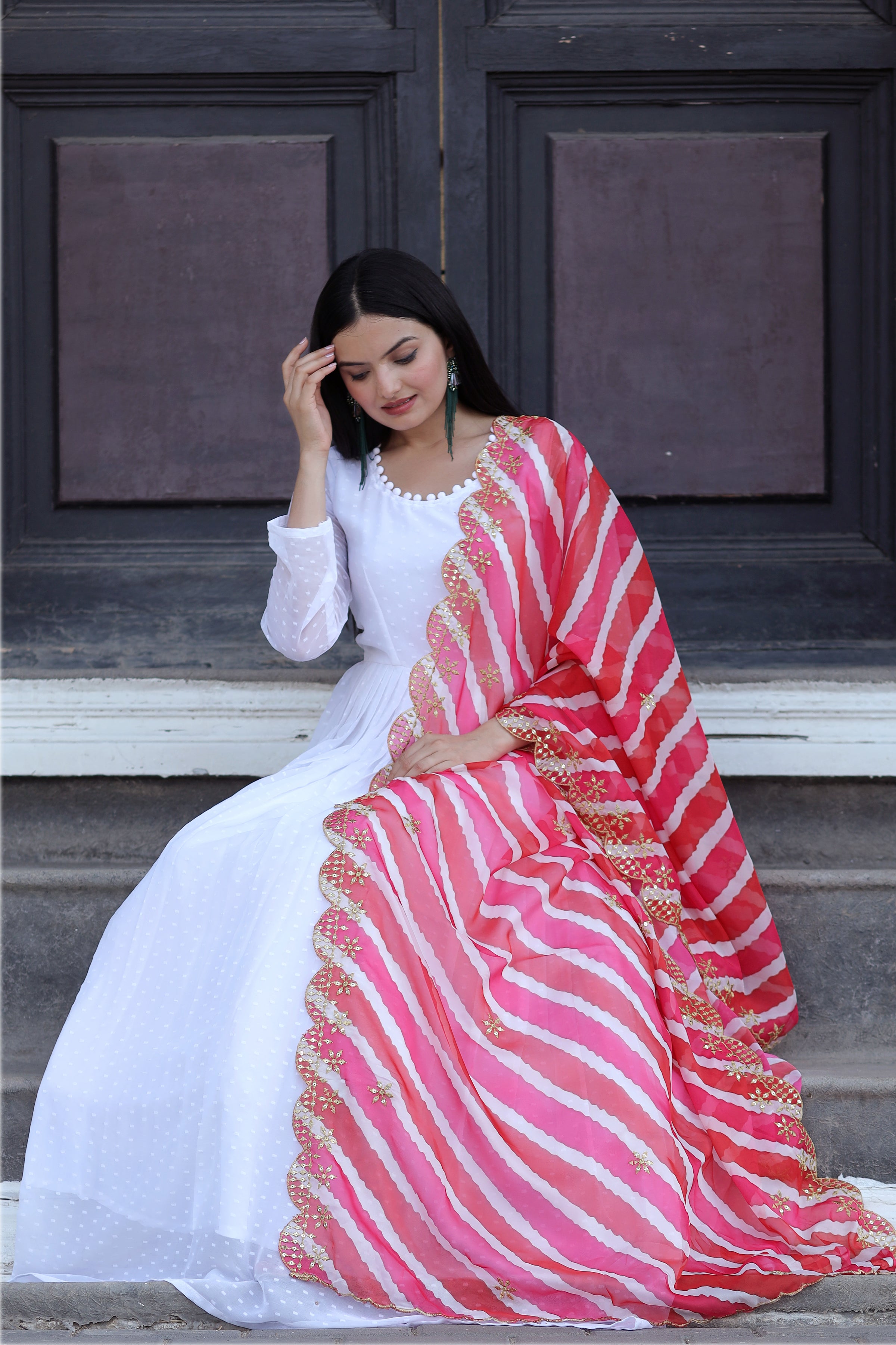 Pink Gown with Soft Organza Kalamkari & Leheriya Printed Dupatta – Elegant Traditional Party Wear