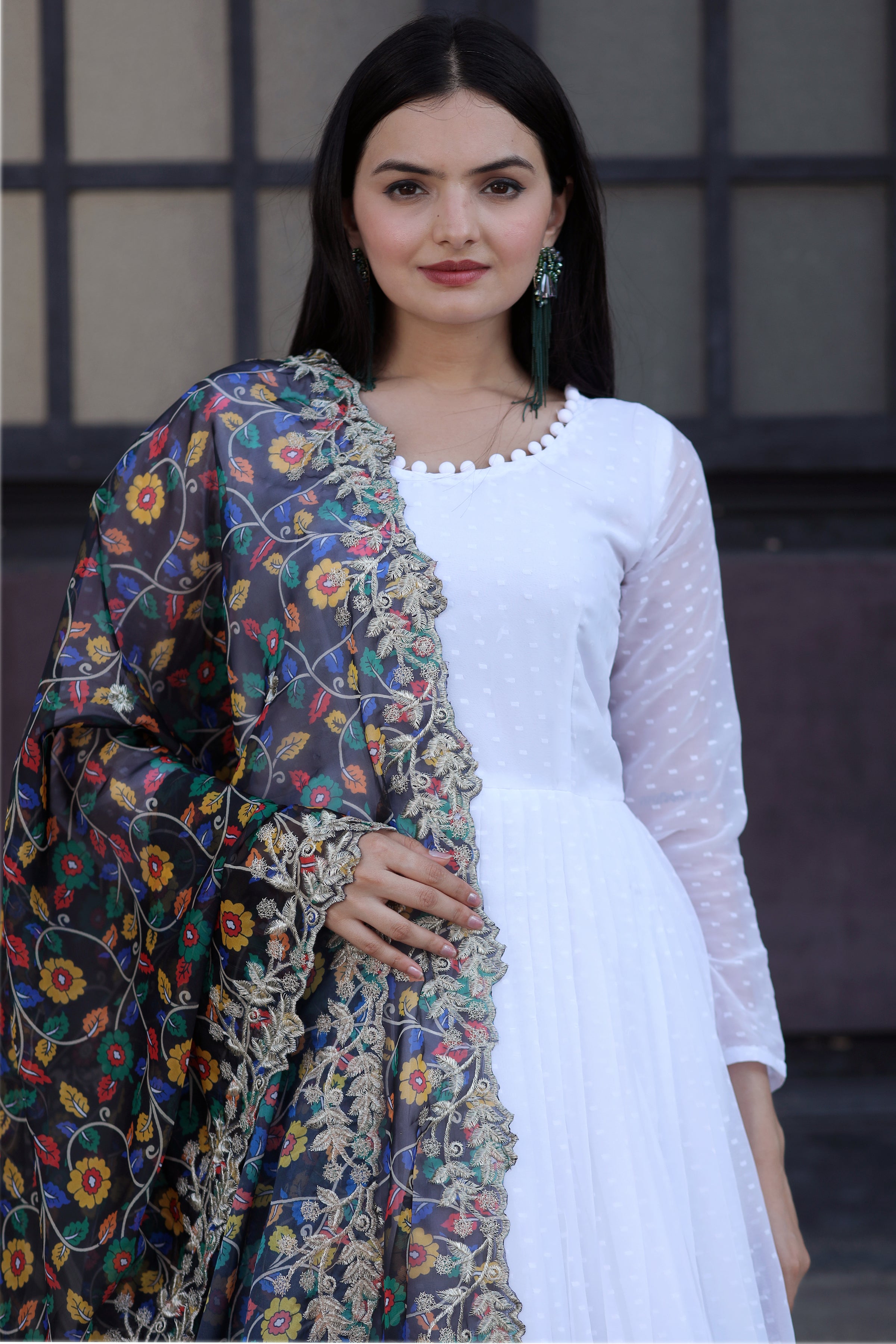 Black Gown with Soft Organza Kalamkari & Leheriya Printed Dupatta – Elegant Traditional Party Wear