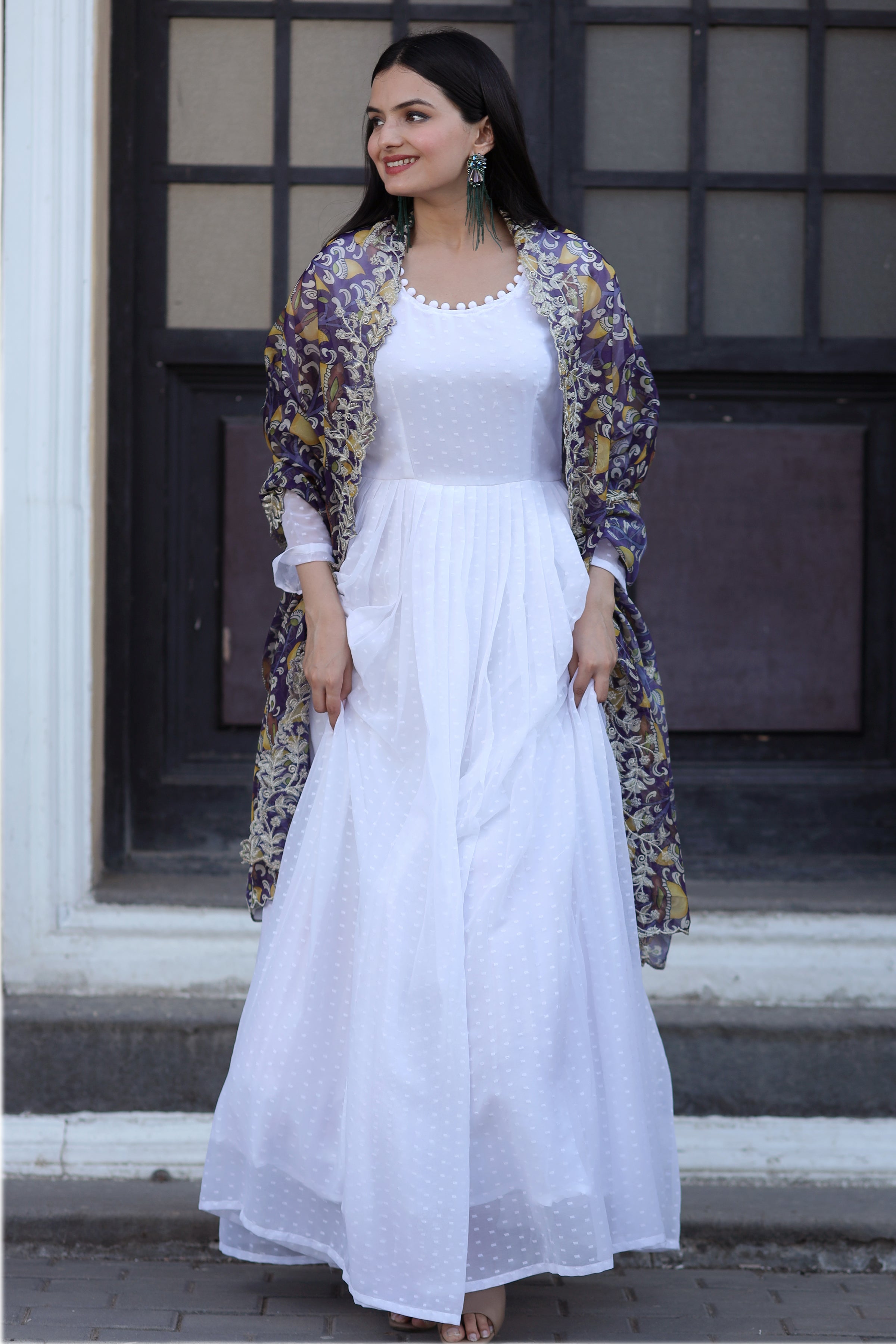 Purple Gown with Soft Organza Kalamkari & Leheriya Printed Dupatta – Elegant Traditional Party Wear