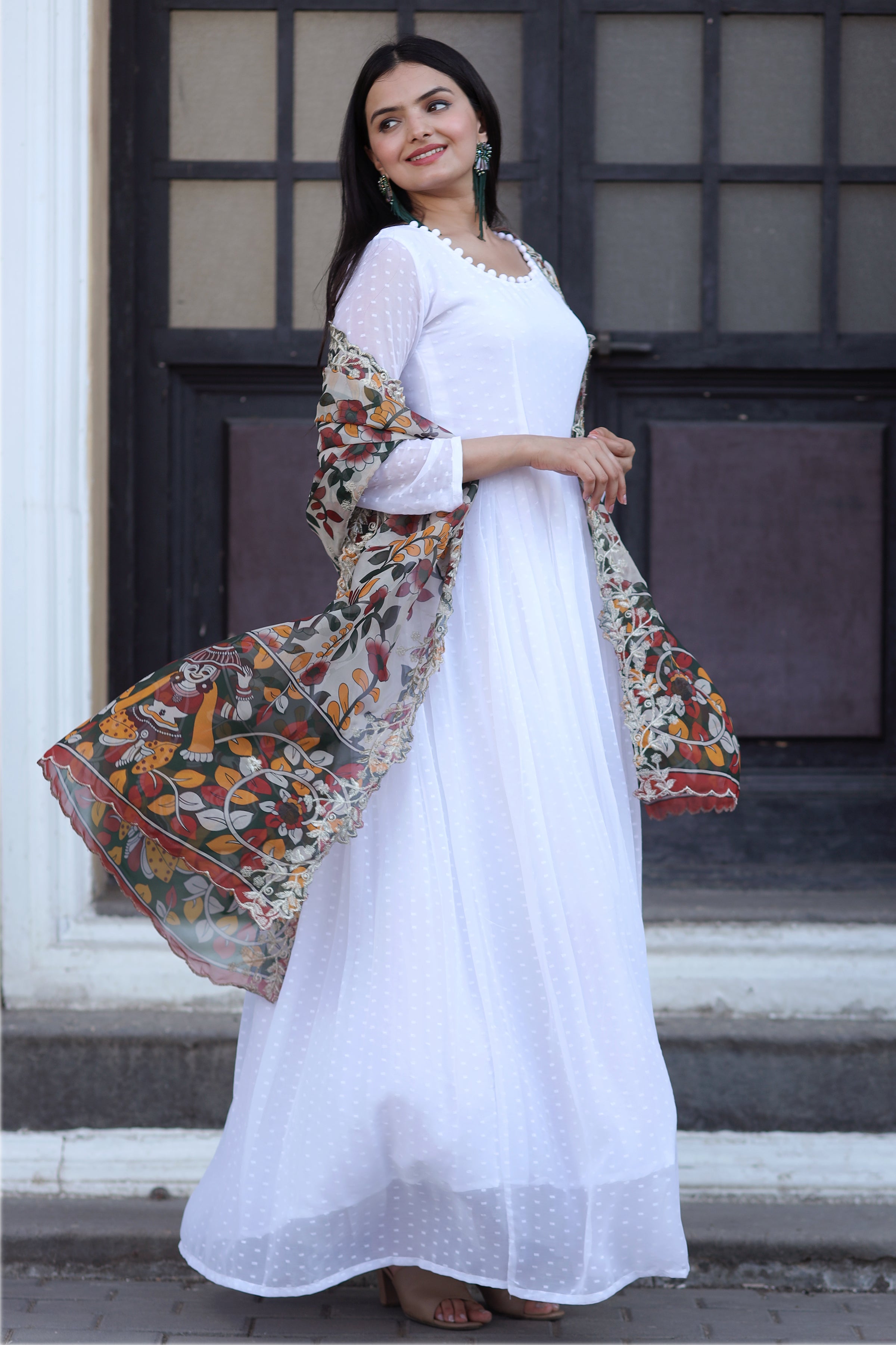 White Gown with Soft Organza Kalamkari & Leheriya Printed Dupatta – Elegant Traditional Party Wear