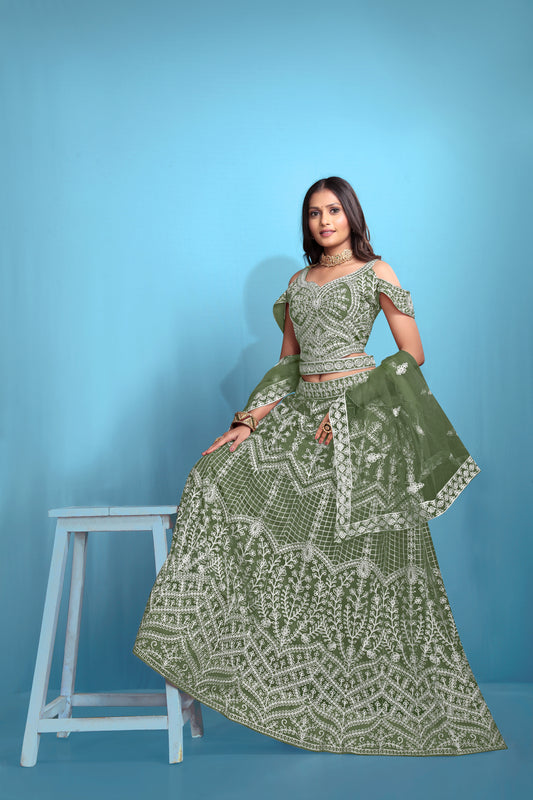 Green Womenās Net Embroidered Lehenga Choli Set ā Elegant Ethnic Wear for Festive & Wedding Occasions