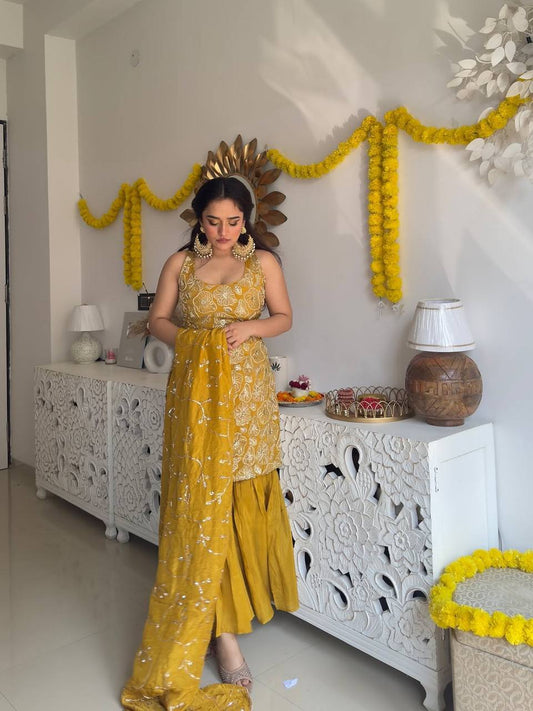 Stylish Mustard Simmer Silk Embroidered Ethnic Kurta Set With Sharara & Dupatta