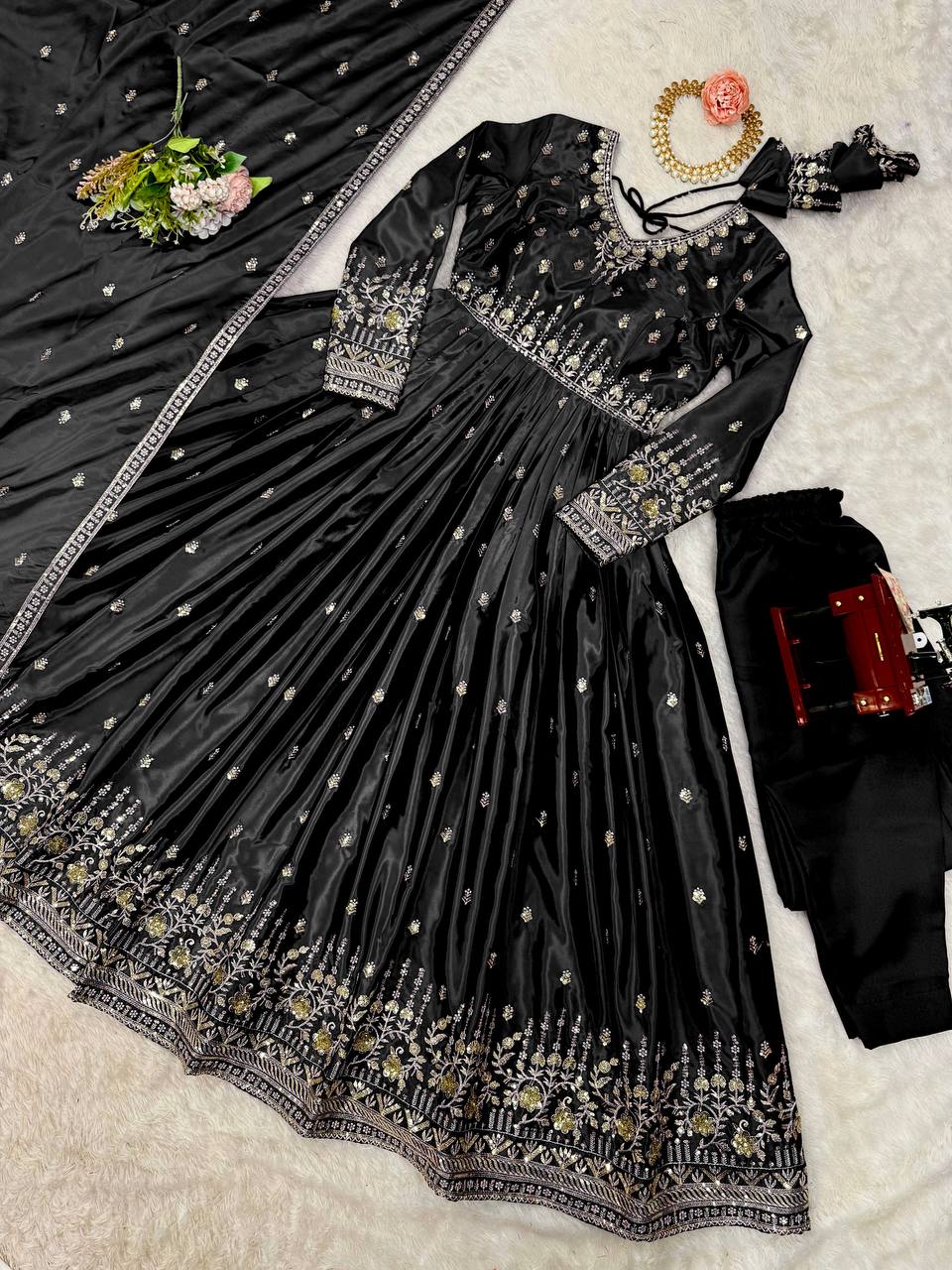 Black American Silk Embroidered Anarkali Gown Set With Dupatta & Pant