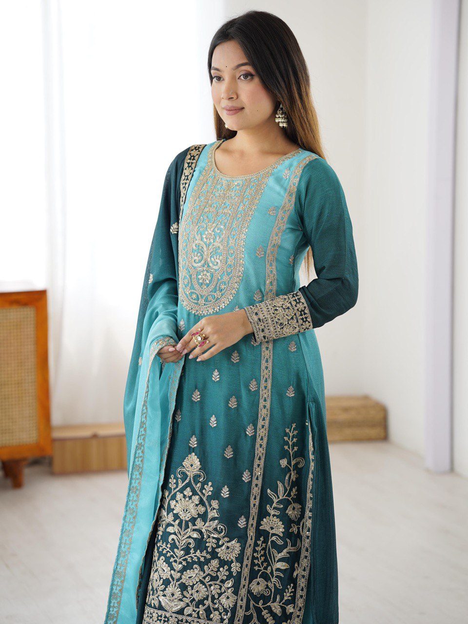 Elegant Aqua Blue Embroidered Kurta set with Intricate Zari Work And Matching Dupatta