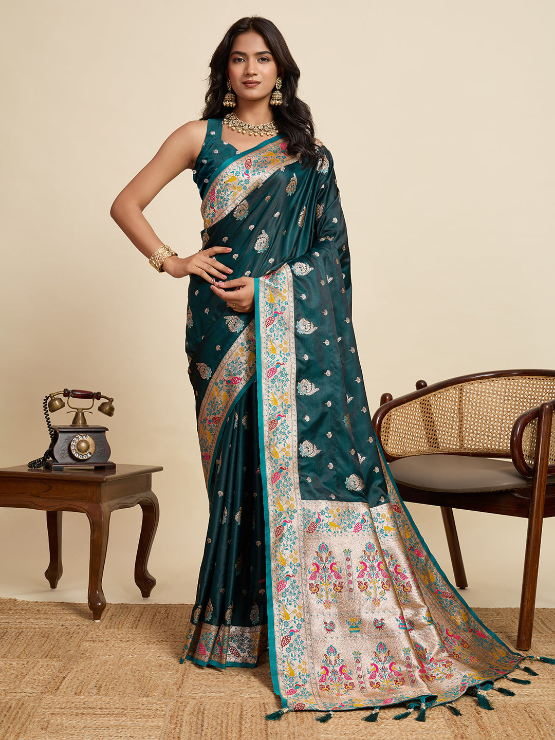 Green Soft Silk Saree in Premium Two-Tone Satin with Paithani Design, Rich Zari Pallu & Contrast Mina Border