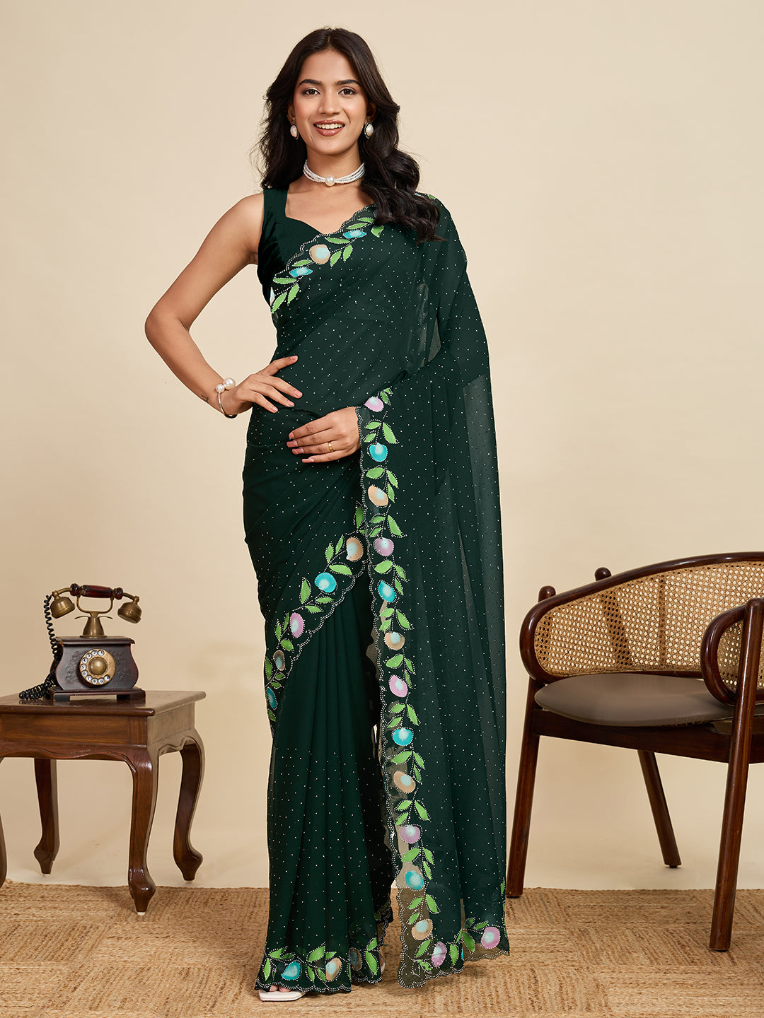 Green Georgette Soft Silk Saree with Floral Brush Print & Intricate Border – Elegant Pastel Saree for Festive & Daily Wear