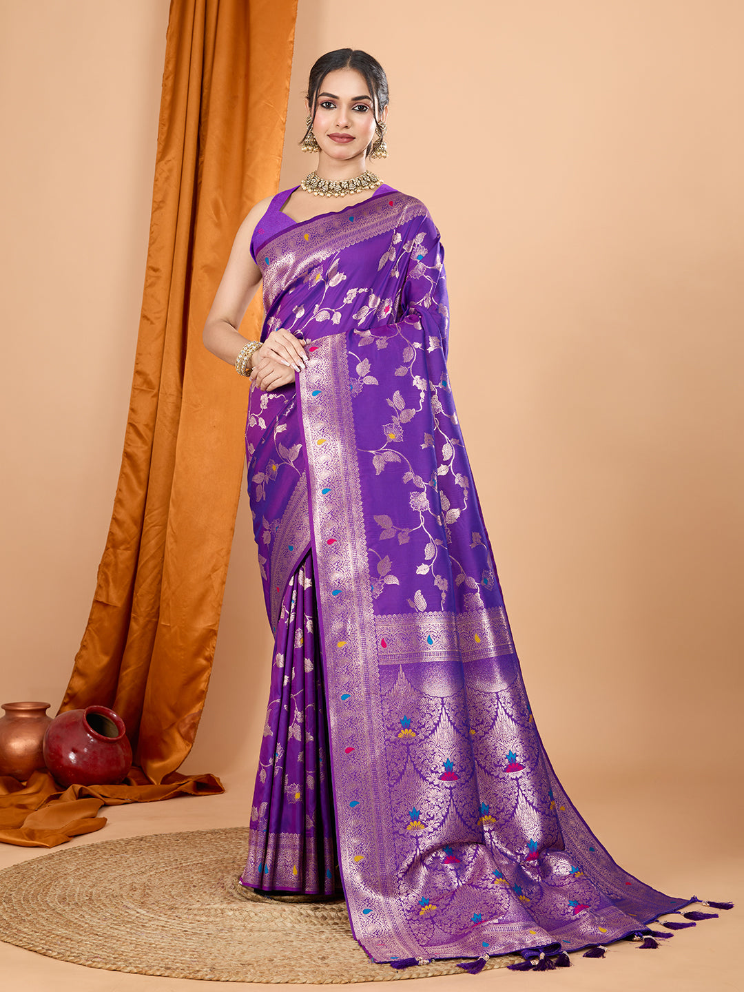 Purple Soft Banarasi Silk Saree Featuring Meenakari Zari Weaving & Tassels on Pallu