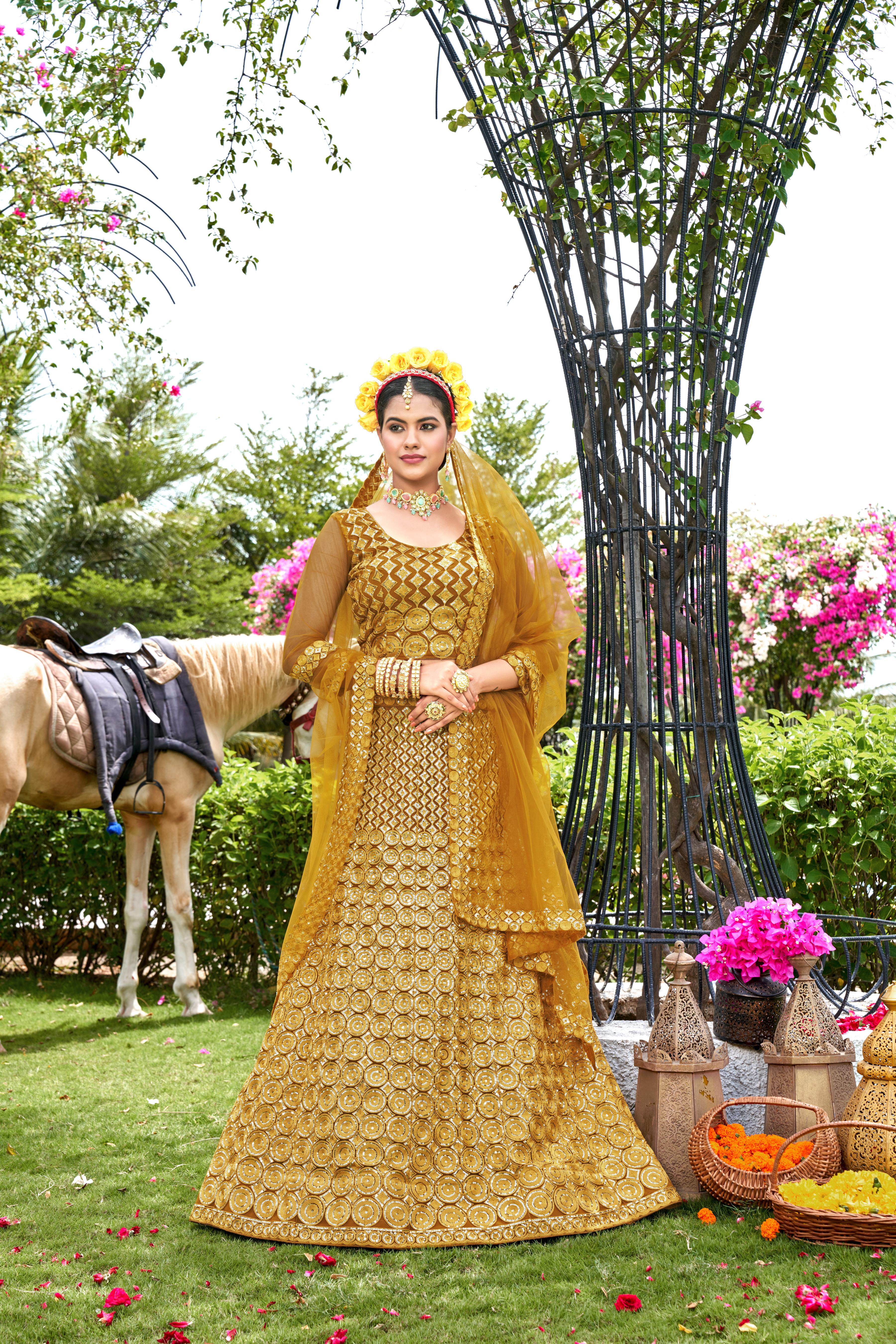 Yellow Net With Embroidered Work Semi Stitch Lehenga Choli