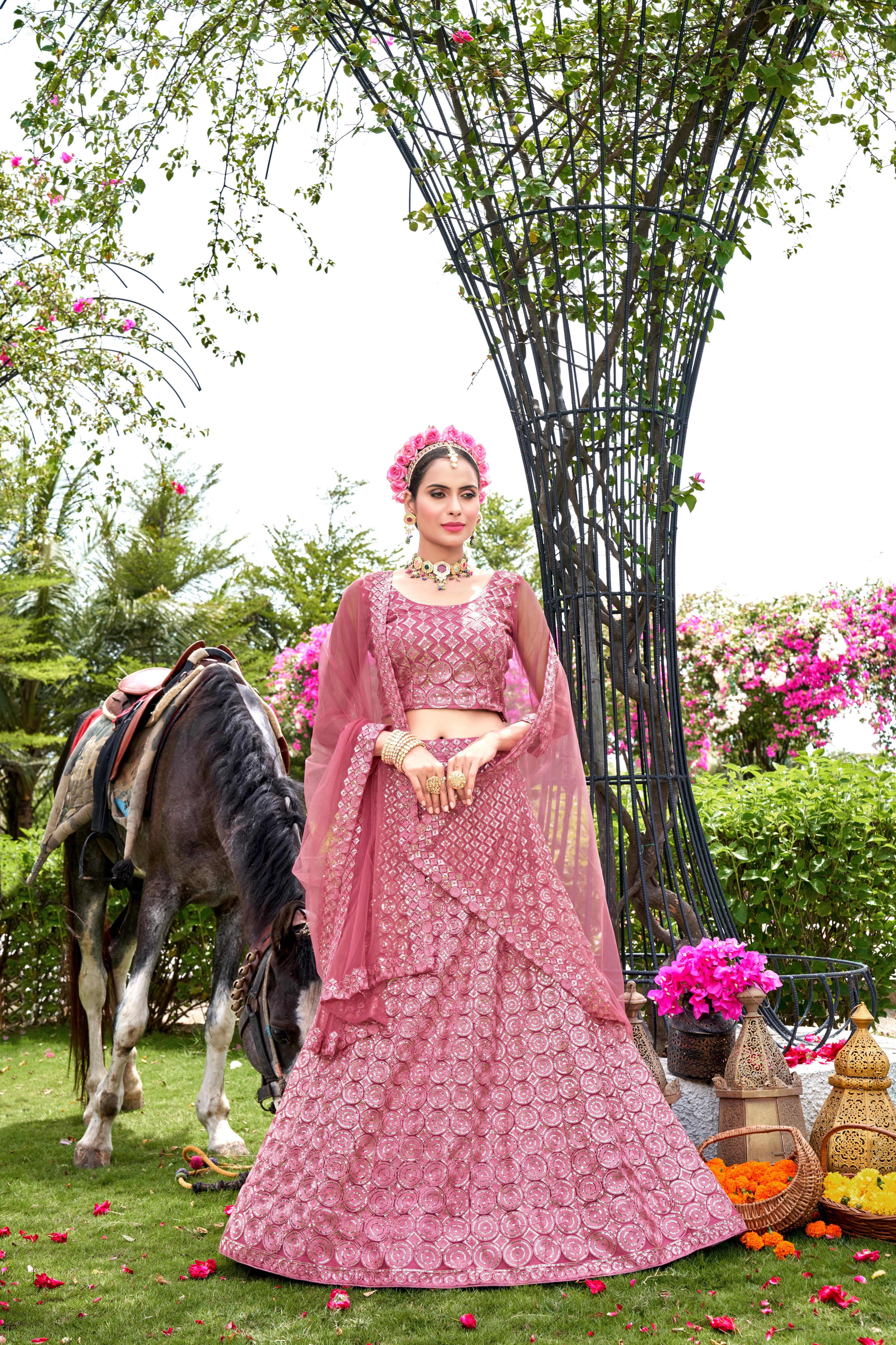 Pink Net Lehenga Choli – Stylish Traditional Outfit for Weddings & Celebrations Semi-Stitched
