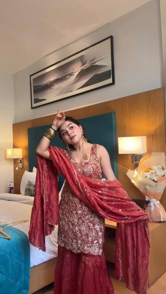 Stylish Red Simmer Silk Embroidered Ethnic Kurta Set With Sharara & Dupatta