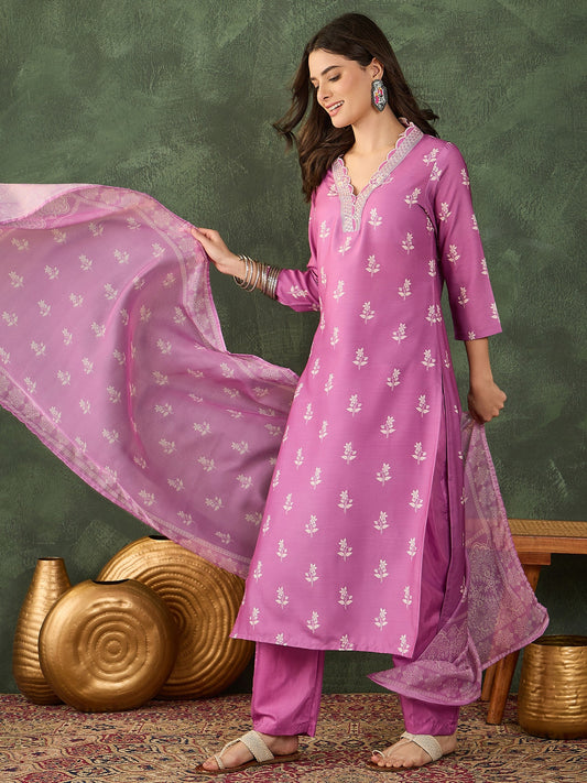 Mauve Printed Kurta Set with Dupatta