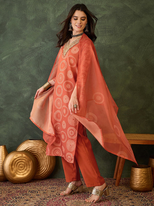 Orange Printed Kurta Set with Dupatta