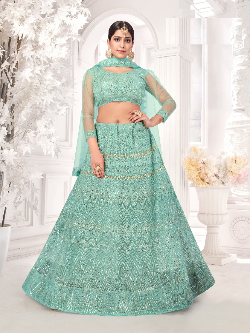 Sea Green Party-Style Net Lehenga Choli with Zari & Embroidery Work – Stylish Ethnic Wear for Women