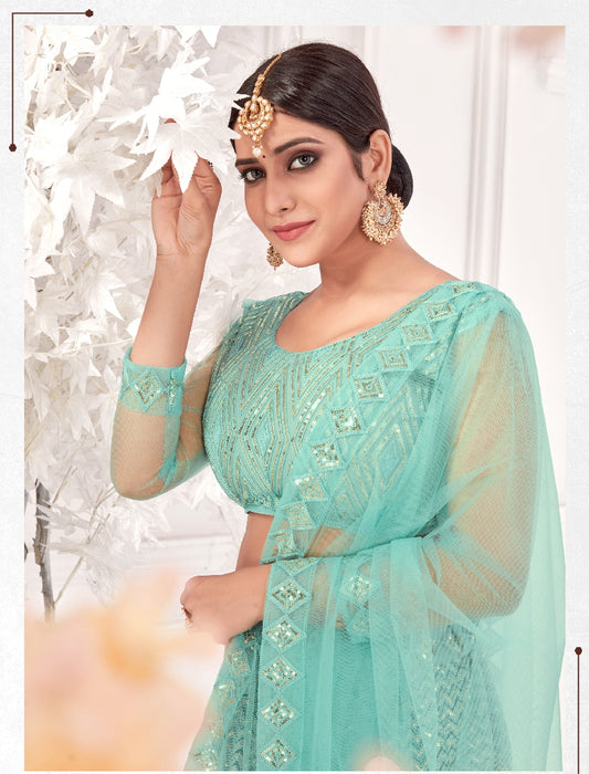 Sea Green Party-Style Net Lehenga Choli with Zari & Embroidery Work ā Stylish Ethnic Wear for Women