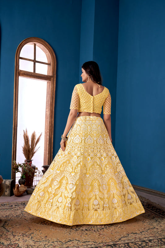 Yellow Net Lehenga Choli for Weddings – Elegant Embroidered Ethnic Wear with Dupatta