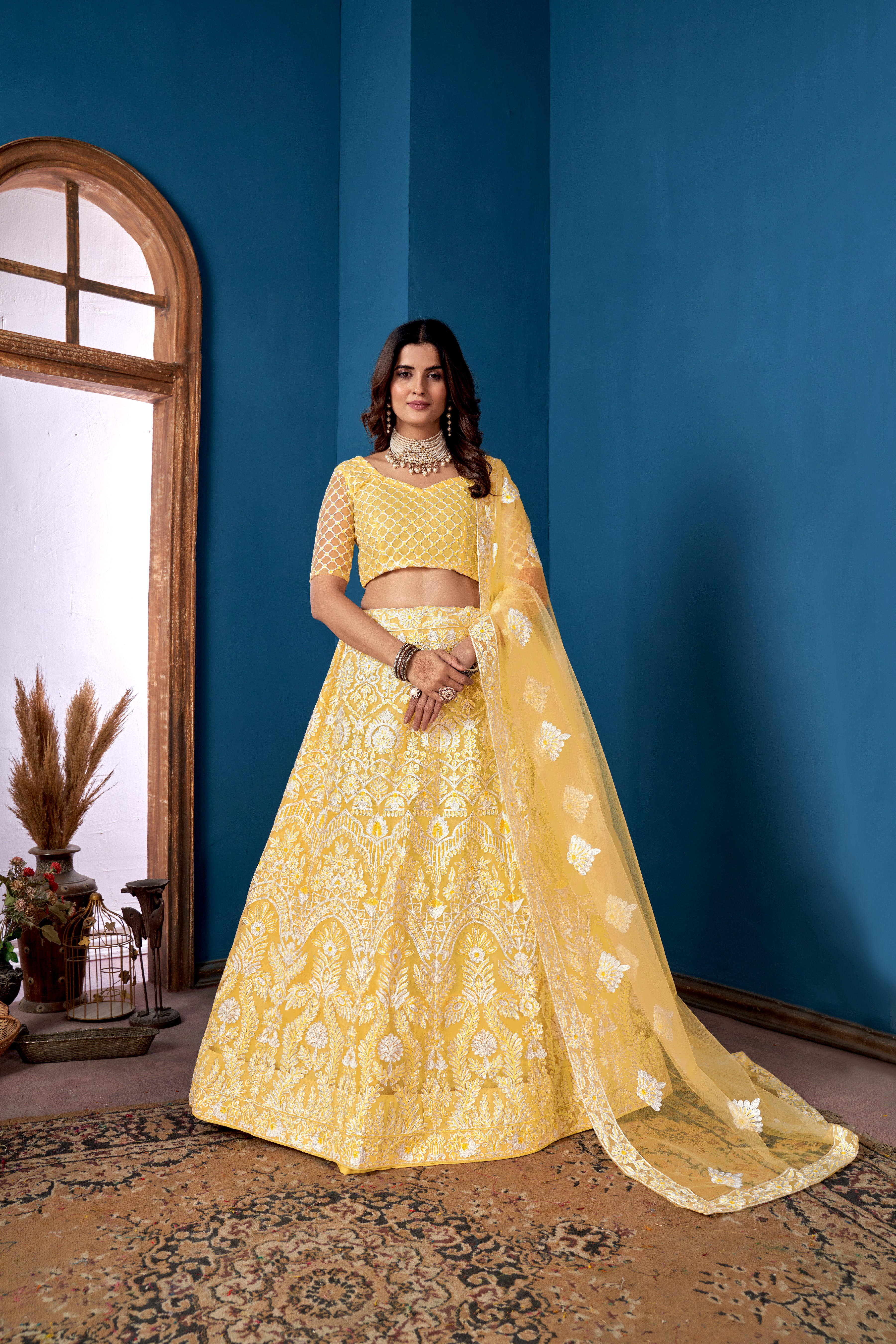 Yellow Net Lehenga Choli for Weddings – Elegant Embroidered Ethnic Wear with Dupatta