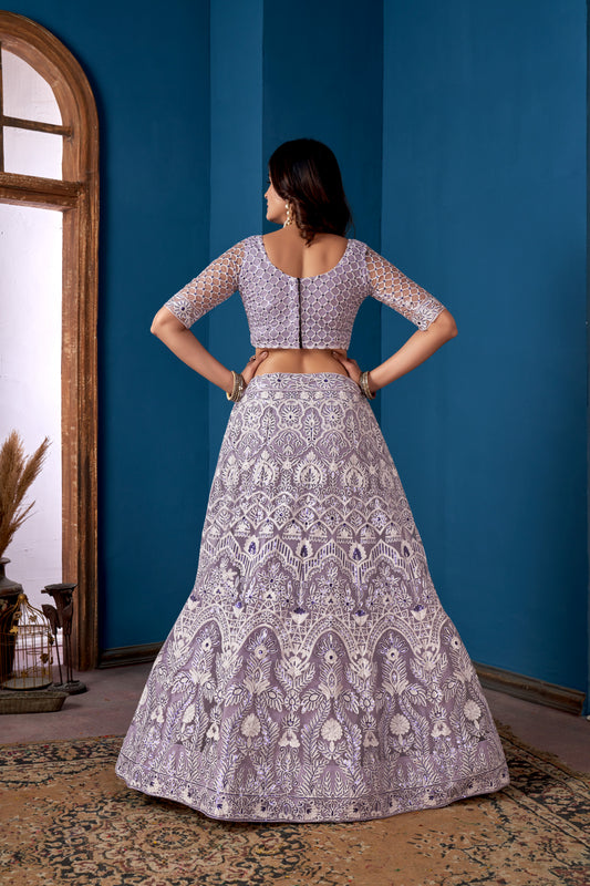 Lavender Net Lehenga Choli for Weddings – Elegant Embroidered Ethnic Wear with Dupatta