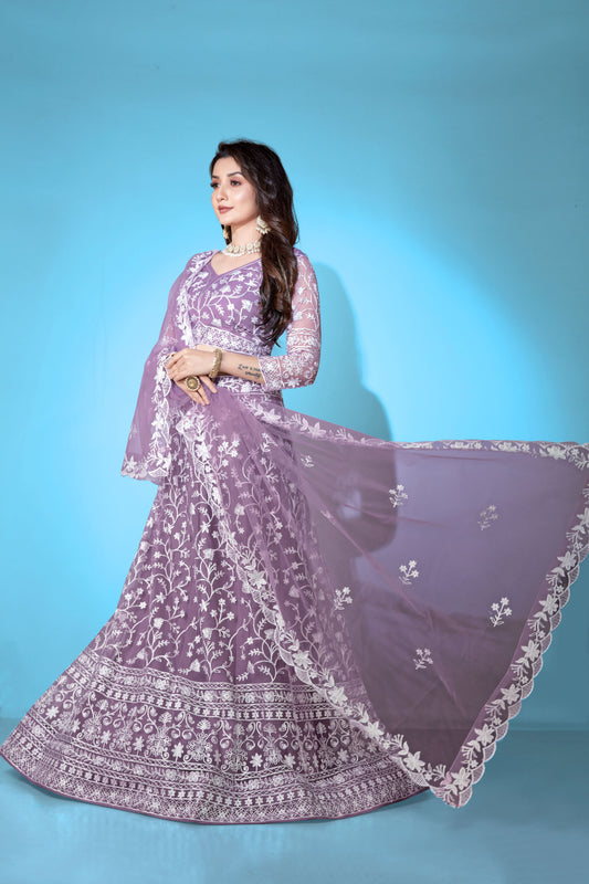 Lavender Net Lehenga Choli for Women – Stylish Embroidered Ethnic Wear with Dupatta