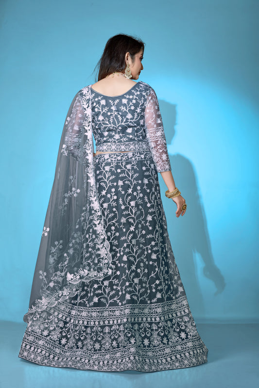 Grey Net Lehenga Choli for Women ā Stylish Embroidered Ethnic Wear with Dupatta