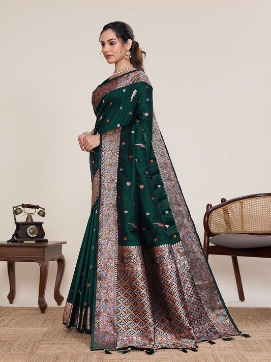Elegant Bottle Green Pure Jacquard Designer Zari Work Saree Featuring With Traditional Woven Border With Unstiched Blouse Piece