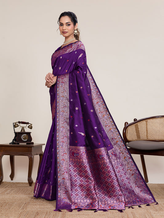 Elegant Dark Purple Pure Jacquard Designer Zari Work Saree Featuring With Traditional Woven Border With Unstiched Blouse Piece