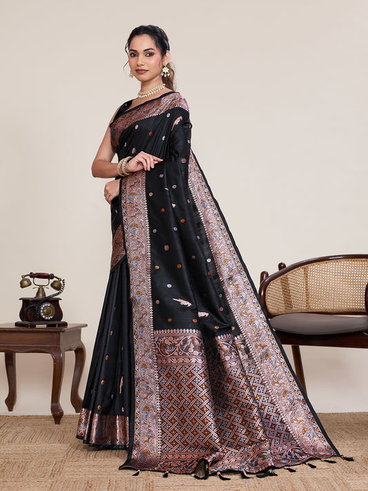 Elegant Black Pure Jacquard Designer Zari Work Saree Featuring With Traditional Woven Border With Unstiched Blouse Piece