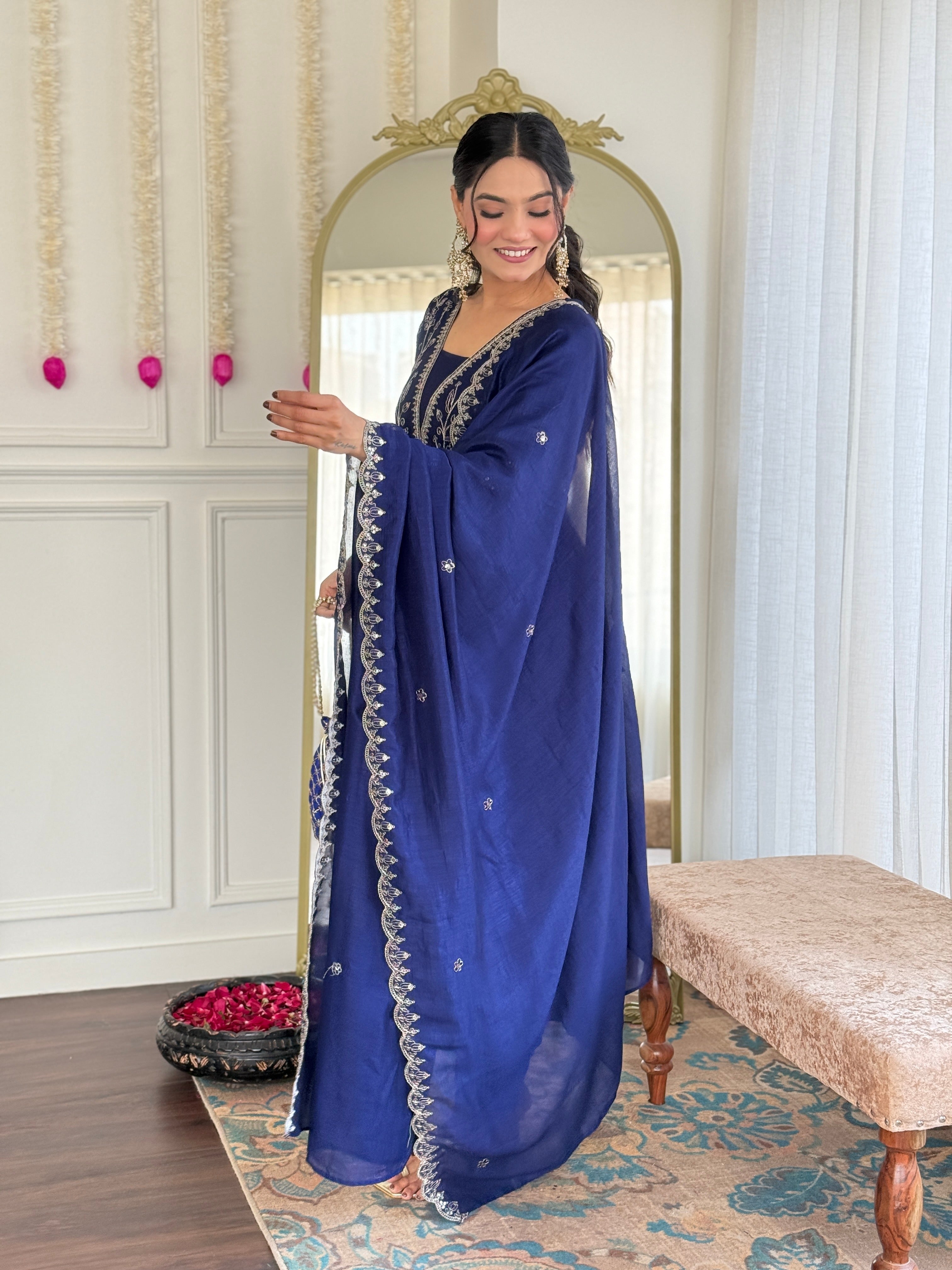 Royal Blue Embroidered Vichitra Silk Kurti Set with Dupatta – Sizes S to 2XL