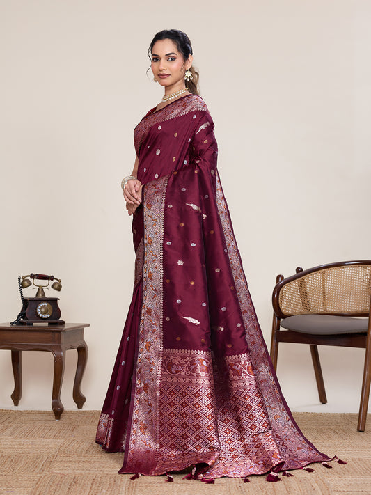 Elegant Maroon Pure Jacquard Designer Zari Work Saree Featuring With Traditional Woven Border With Unstiched Blouse Piece