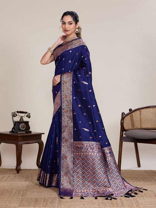 Elegant Navy Blue Pure Jacquard Designer Zari Work Saree Featuring With Traditional Woven Border With Unstiched Blouse Piece