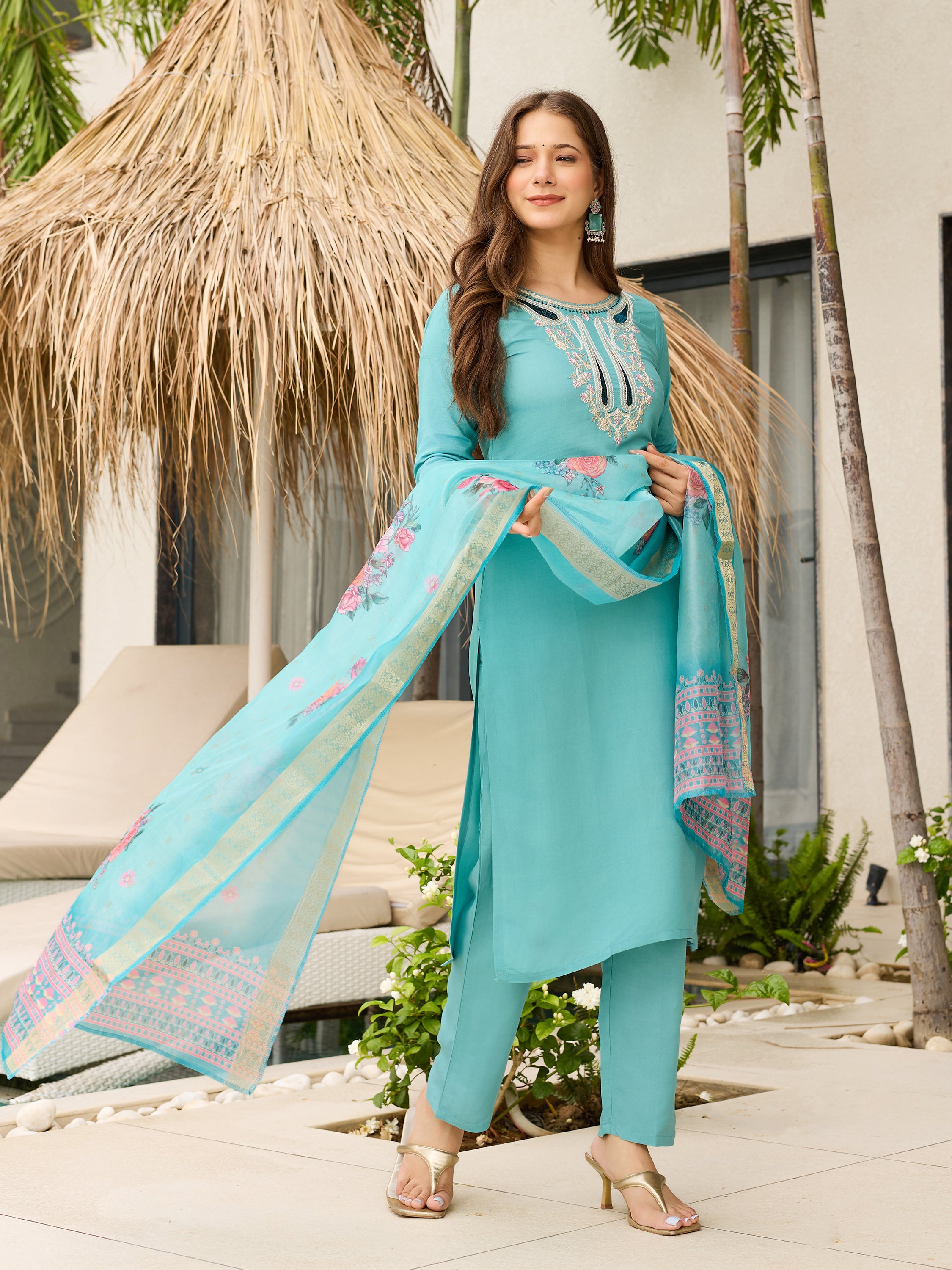 Elegant Sky Blue Embroidered Viscose Kurti Set with Organza Dupatta – Sizes S to 2XL