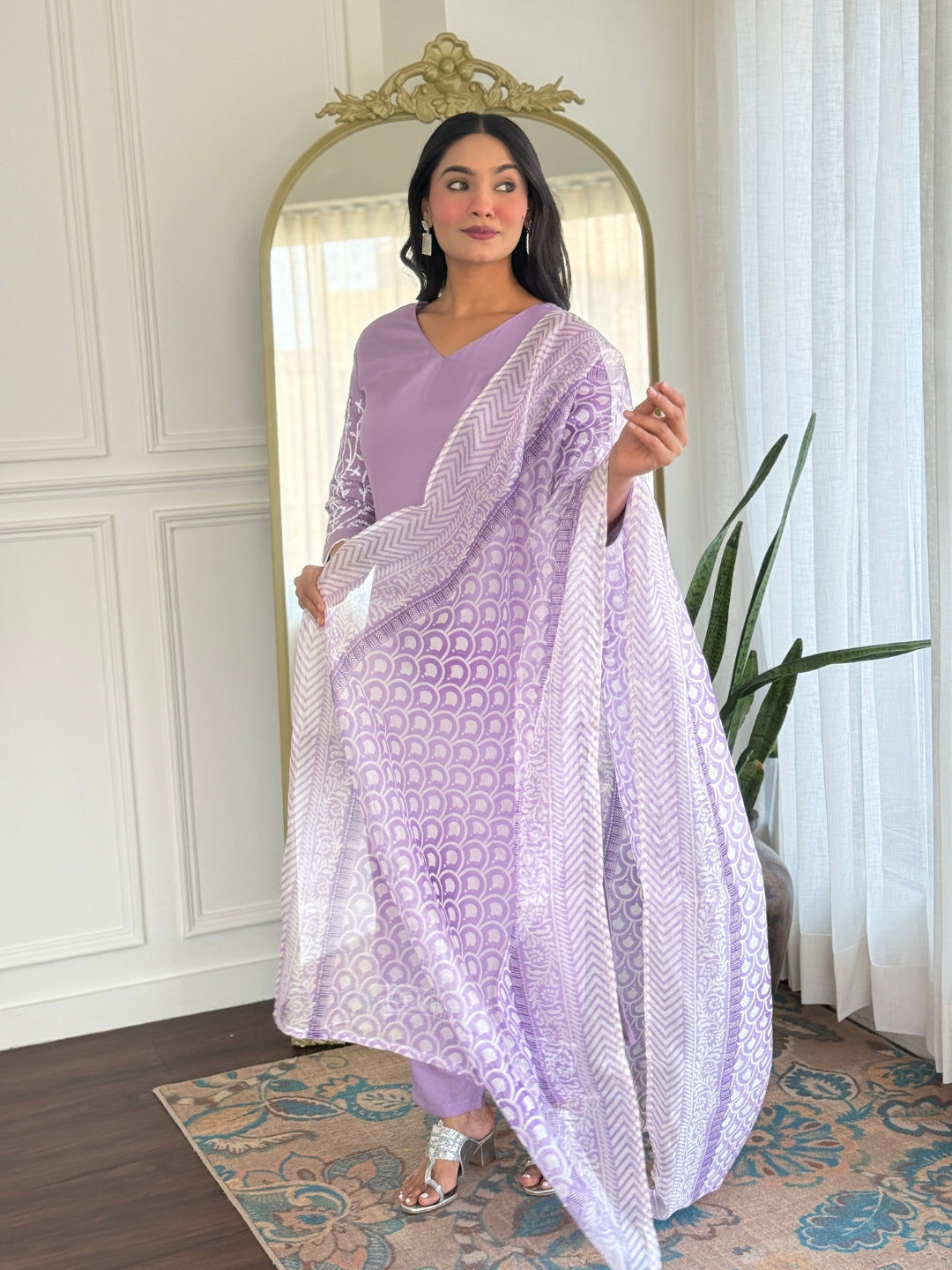 Lavender Embroidered Rayon Kurti Set with Taby Dupatta – Sizes S to 2XL