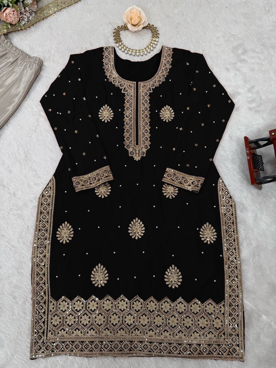 Black Chinnon Silk Embroidered Kurta Set With Sharara & Dupatta