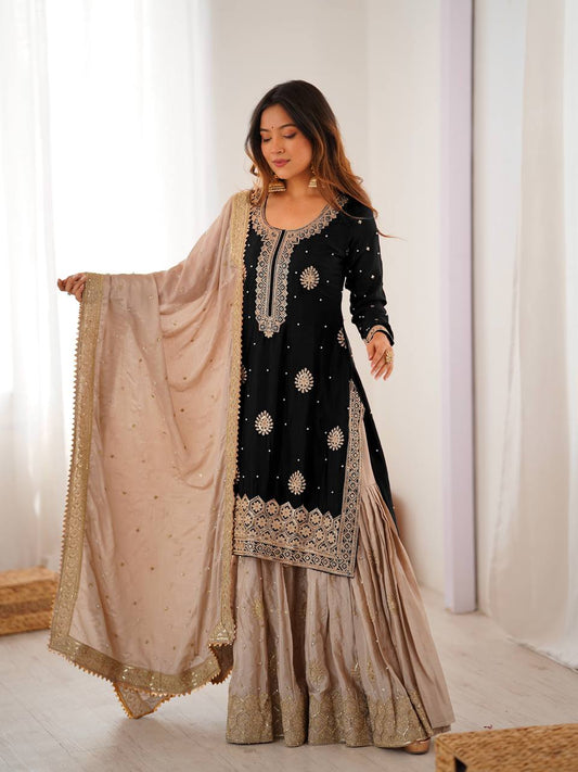 Black Chinnon Silk Embroidered Kurta Set With Sharara & Dupatta