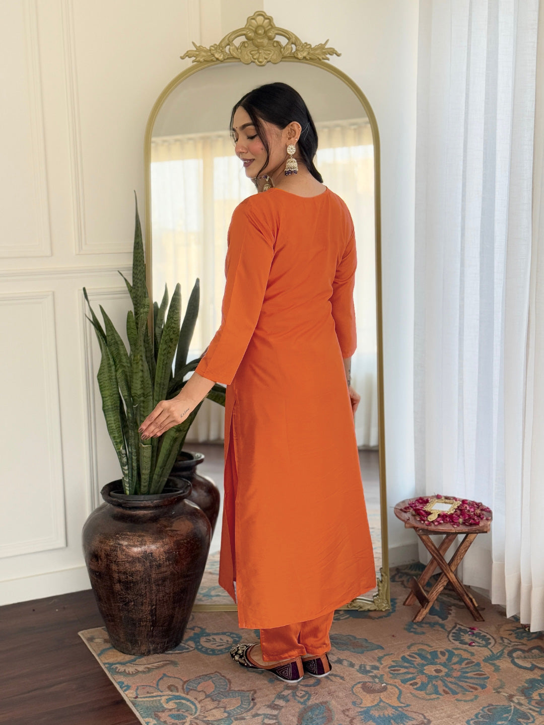 Bright Orange Embroidered Rayon Kurti Set with Taby Dupatta – Sizes S to 2XL