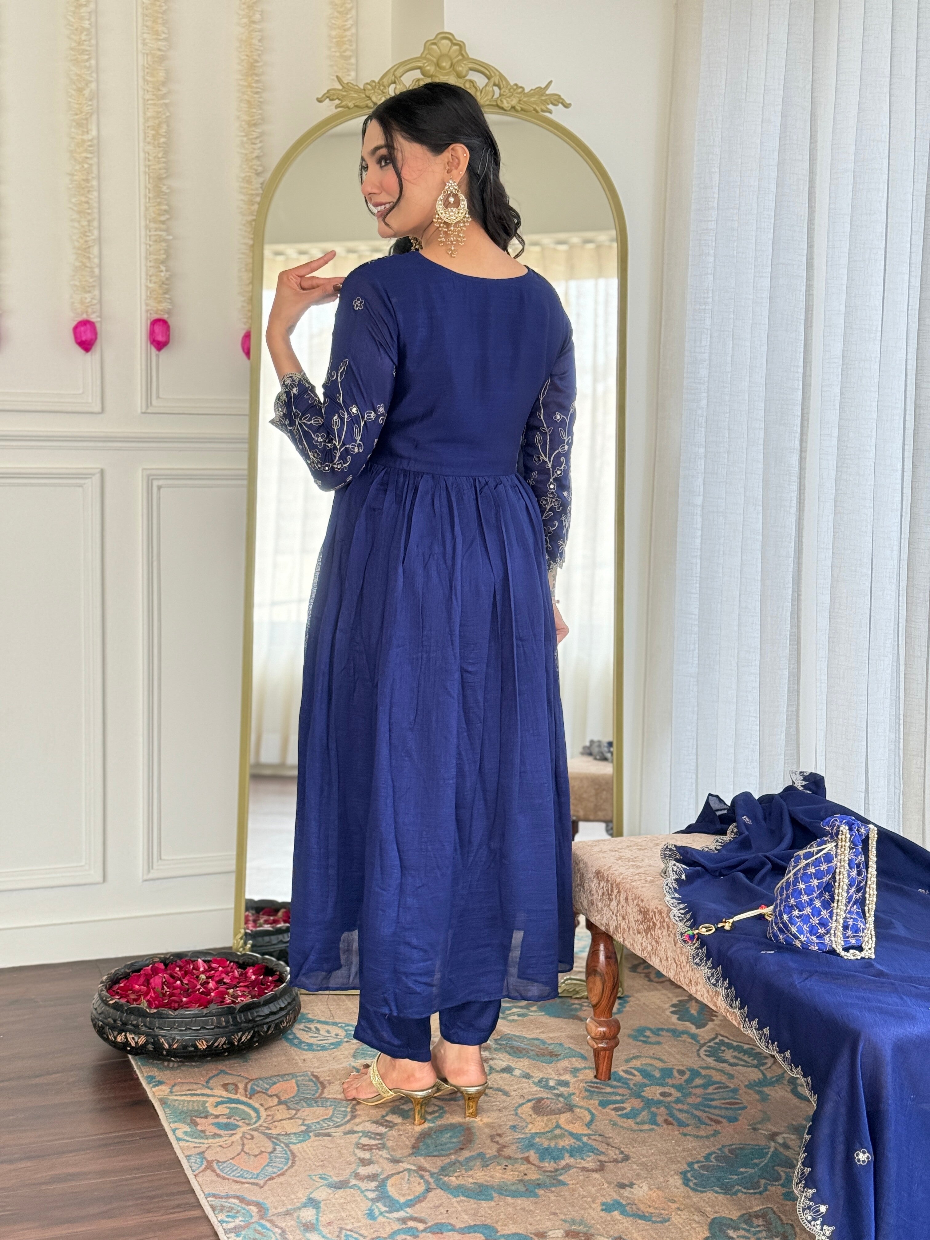 Royal Blue Embroidered Vichitra Silk Kurti Set with Dupatta – Sizes S to 2XL