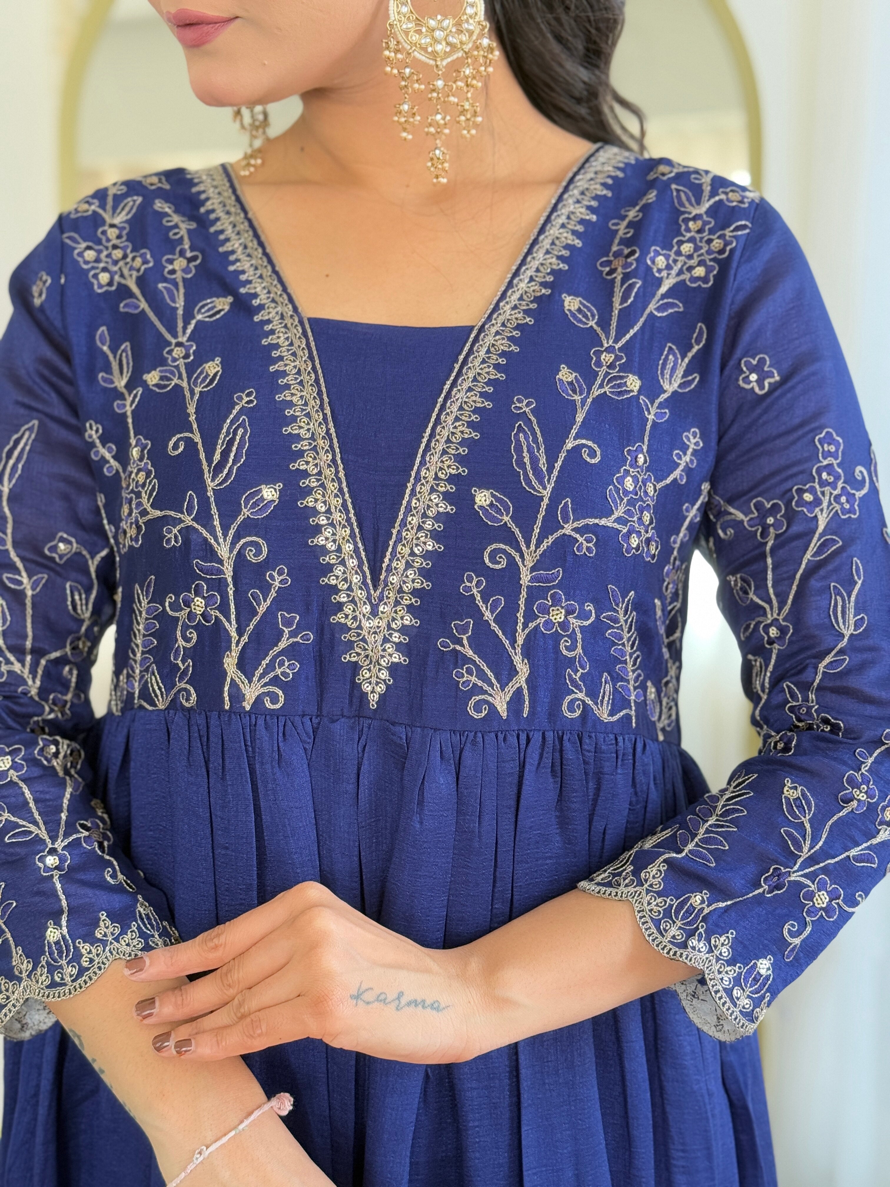 Royal Blue Embroidered Vichitra Silk Kurti Set with Dupatta – Sizes S to 2XL