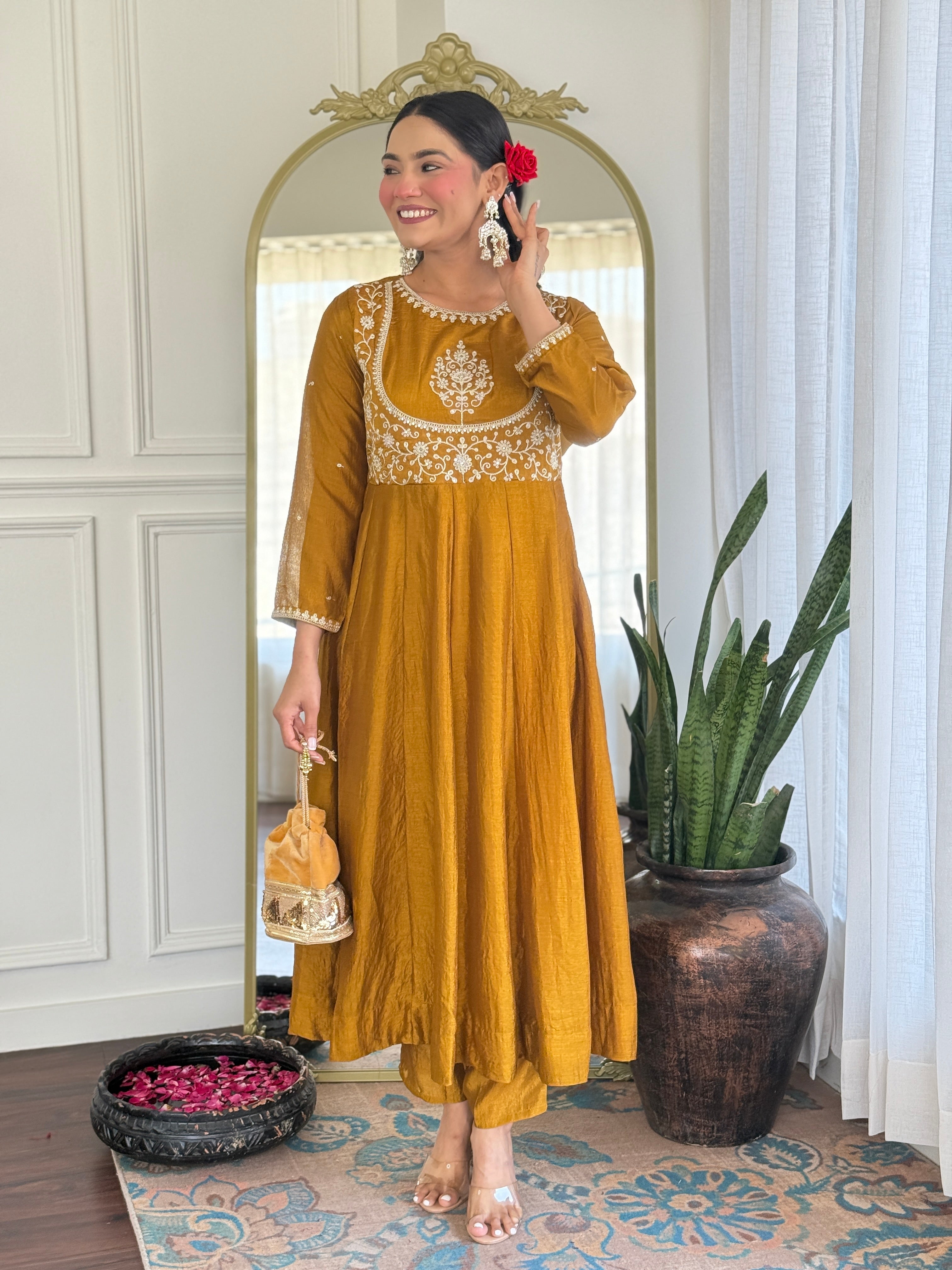Women’s Mustard Festive Vichitra Silk Kurta Set with Embroidered Cut-Work Dupatta