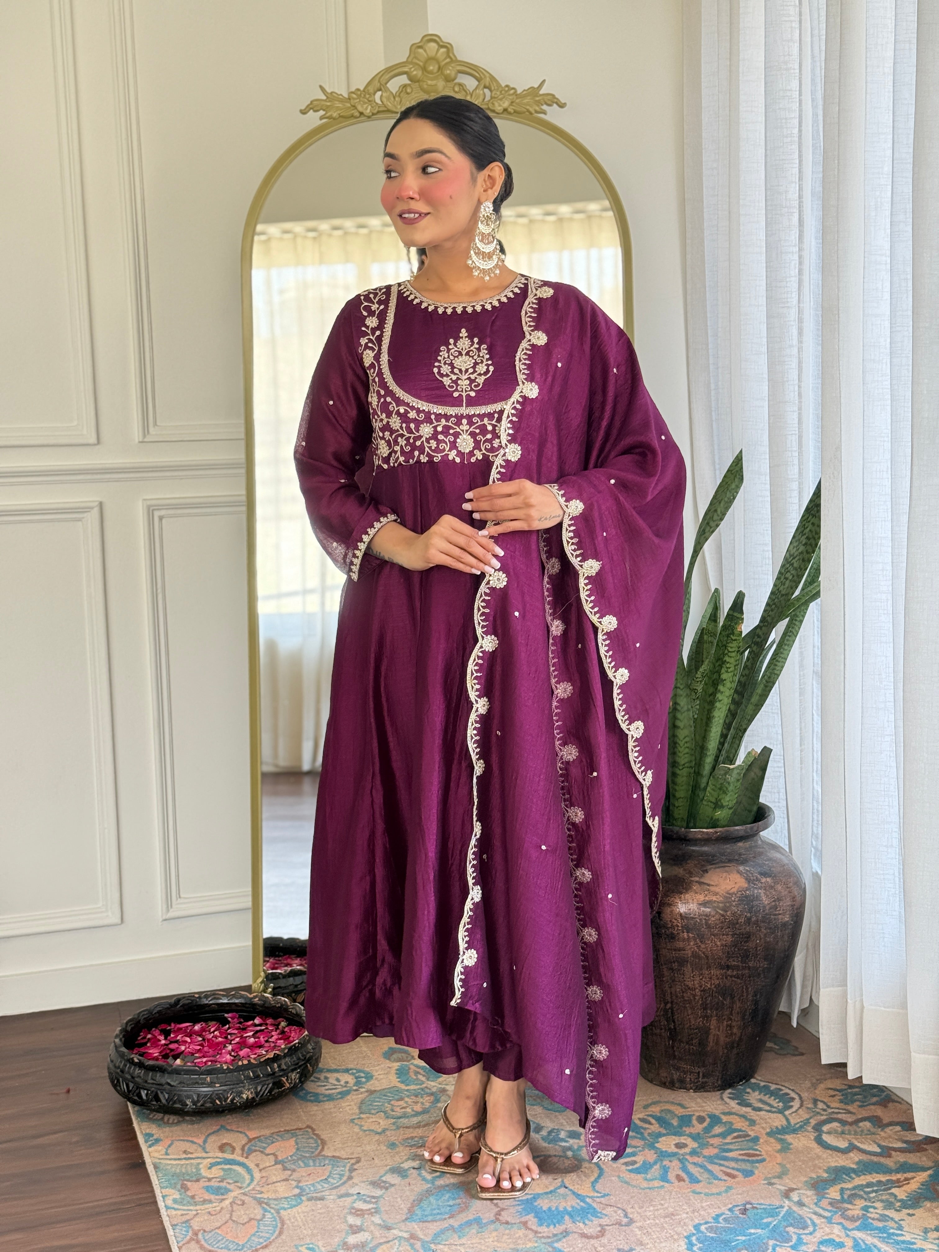 Women’s Wine Festive Vichitra Silk Kurta Set with Embroidered Cut-Work Dupatta