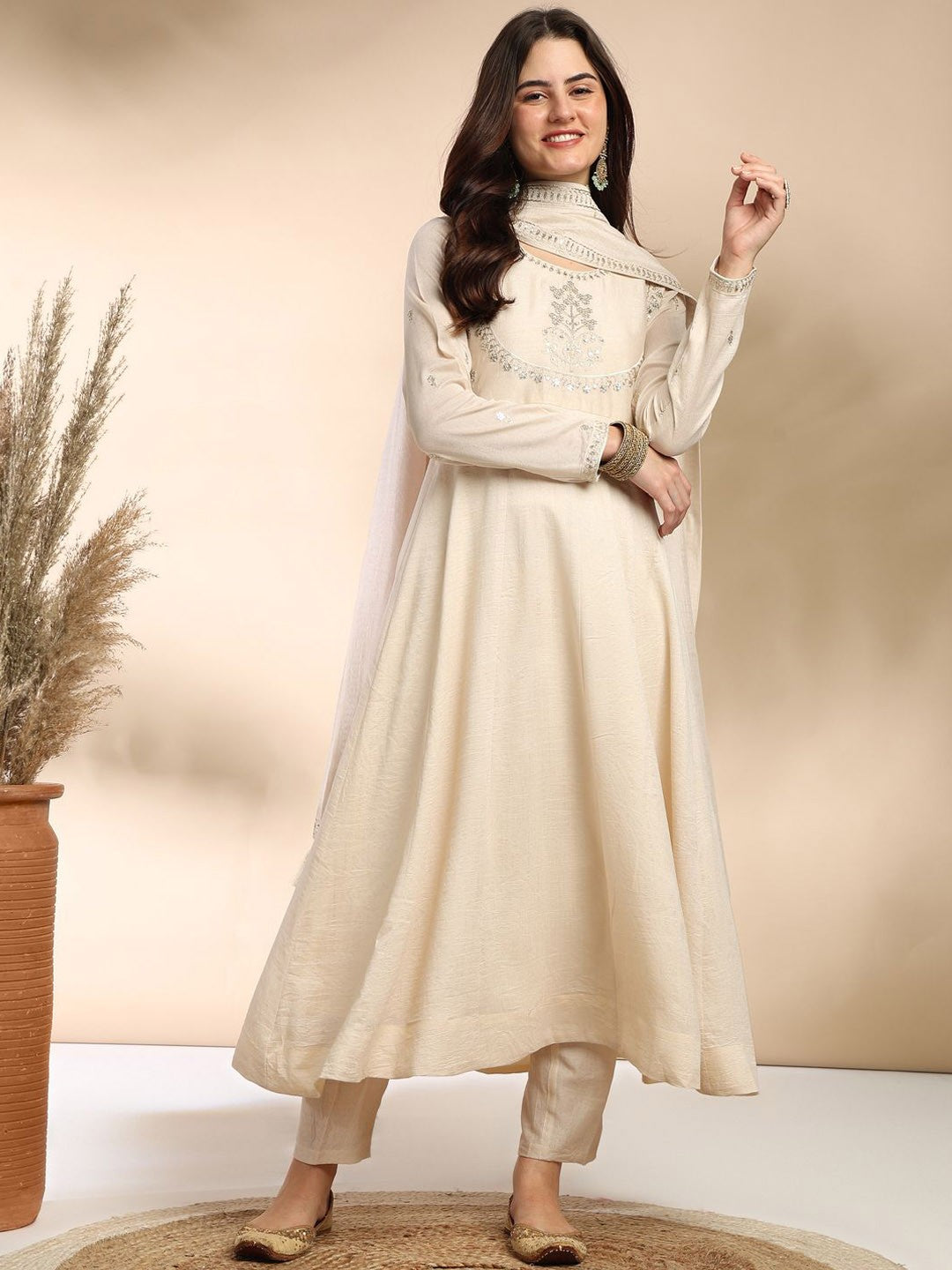 Women's Cream Silk Embroidered Kurta Set with Graceful Dupatta