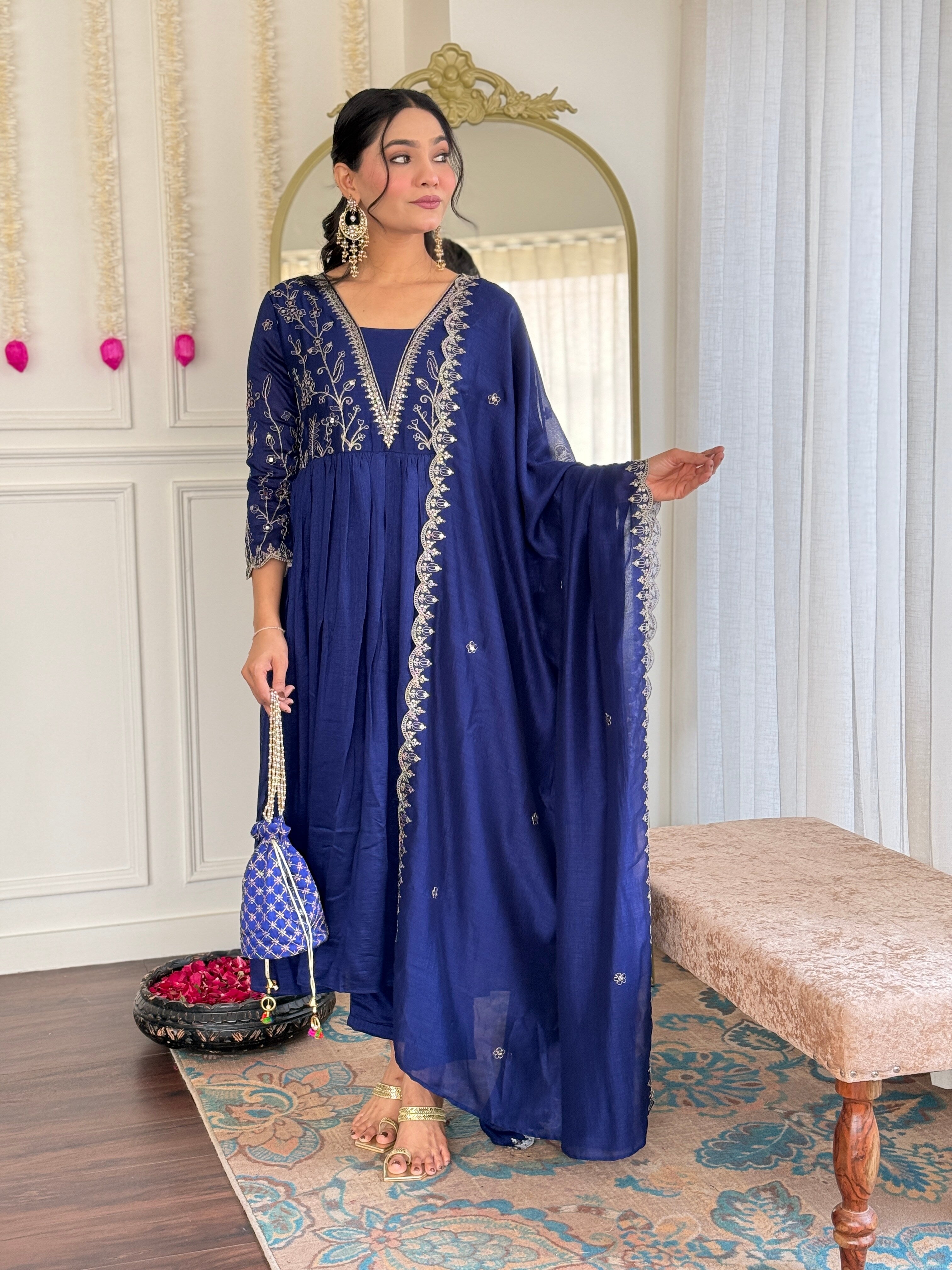 Royal Blue Embroidered Vichitra Silk Kurti Set with Dupatta – Sizes S to 2XL