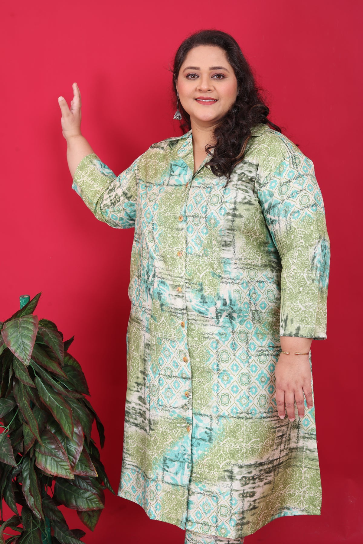 Women's Plus Size Rayon Green Printed Co-Ord Set With Pant